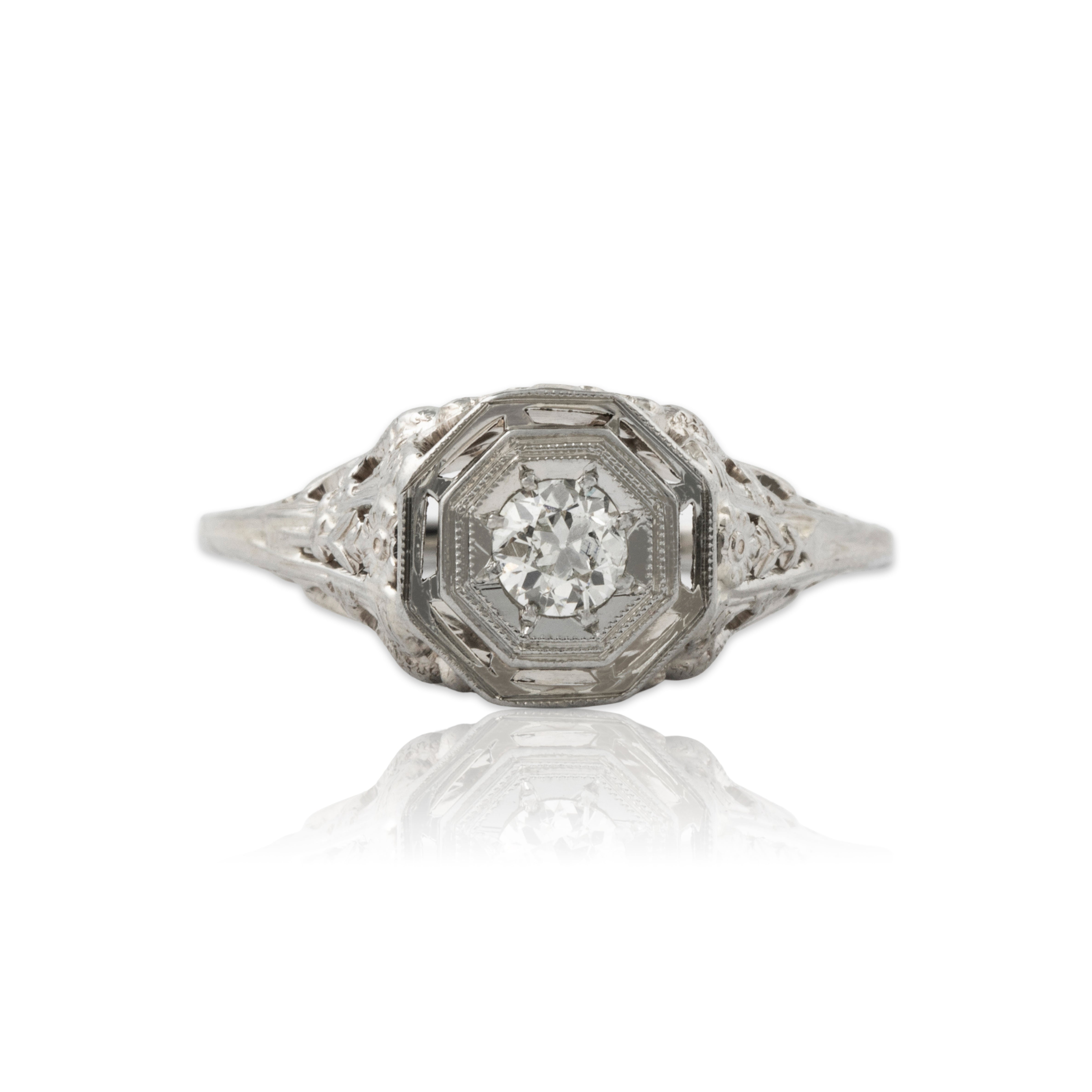 Antique 18k White Gold Old Mine Diamond Birds & Blossoms Ring 5.75、mySite、hinf8tx79