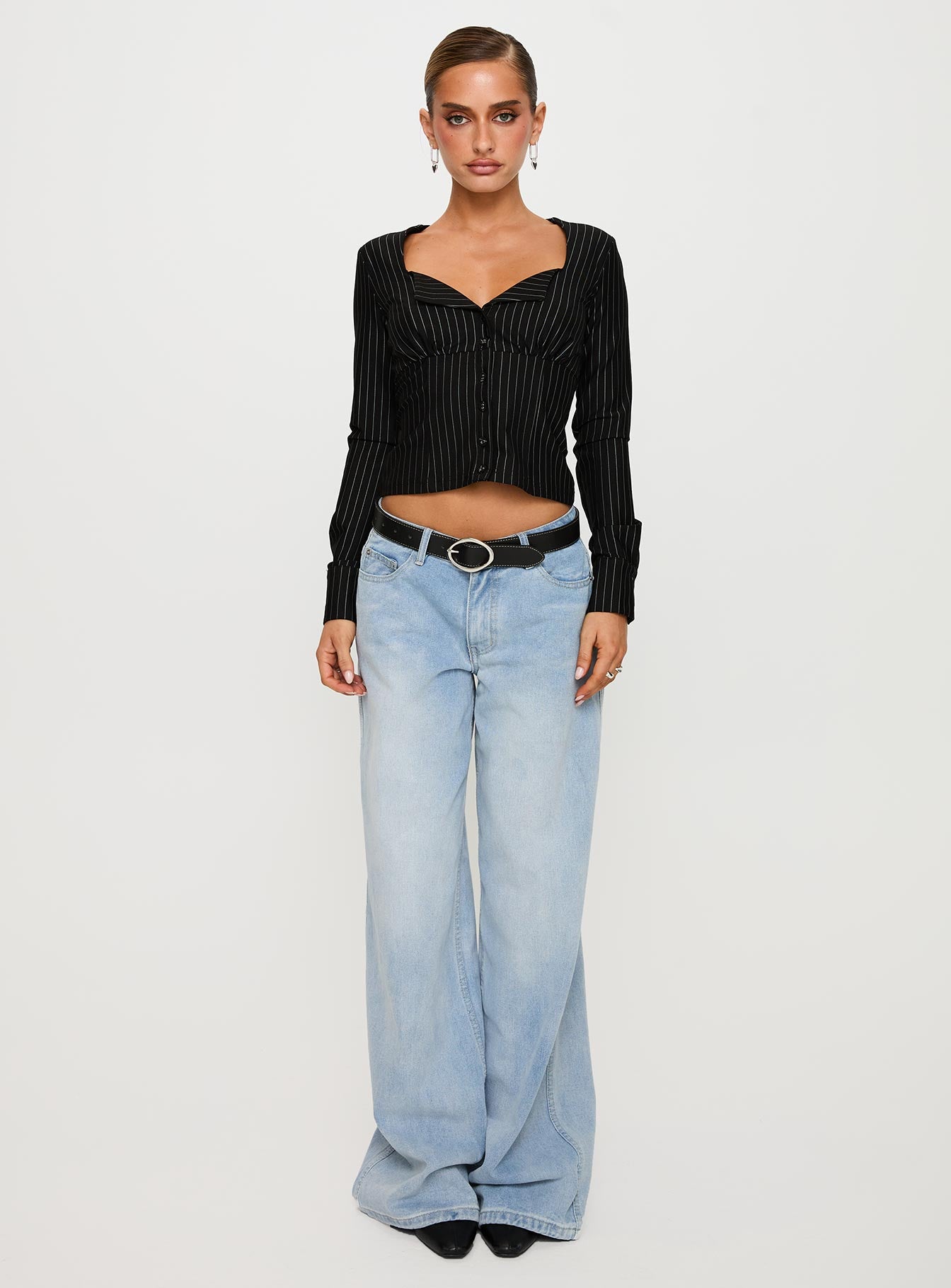 Set For Life Foldover Detail Long Sleeve Top Black / White Pinstripe、mySite、solidvoid