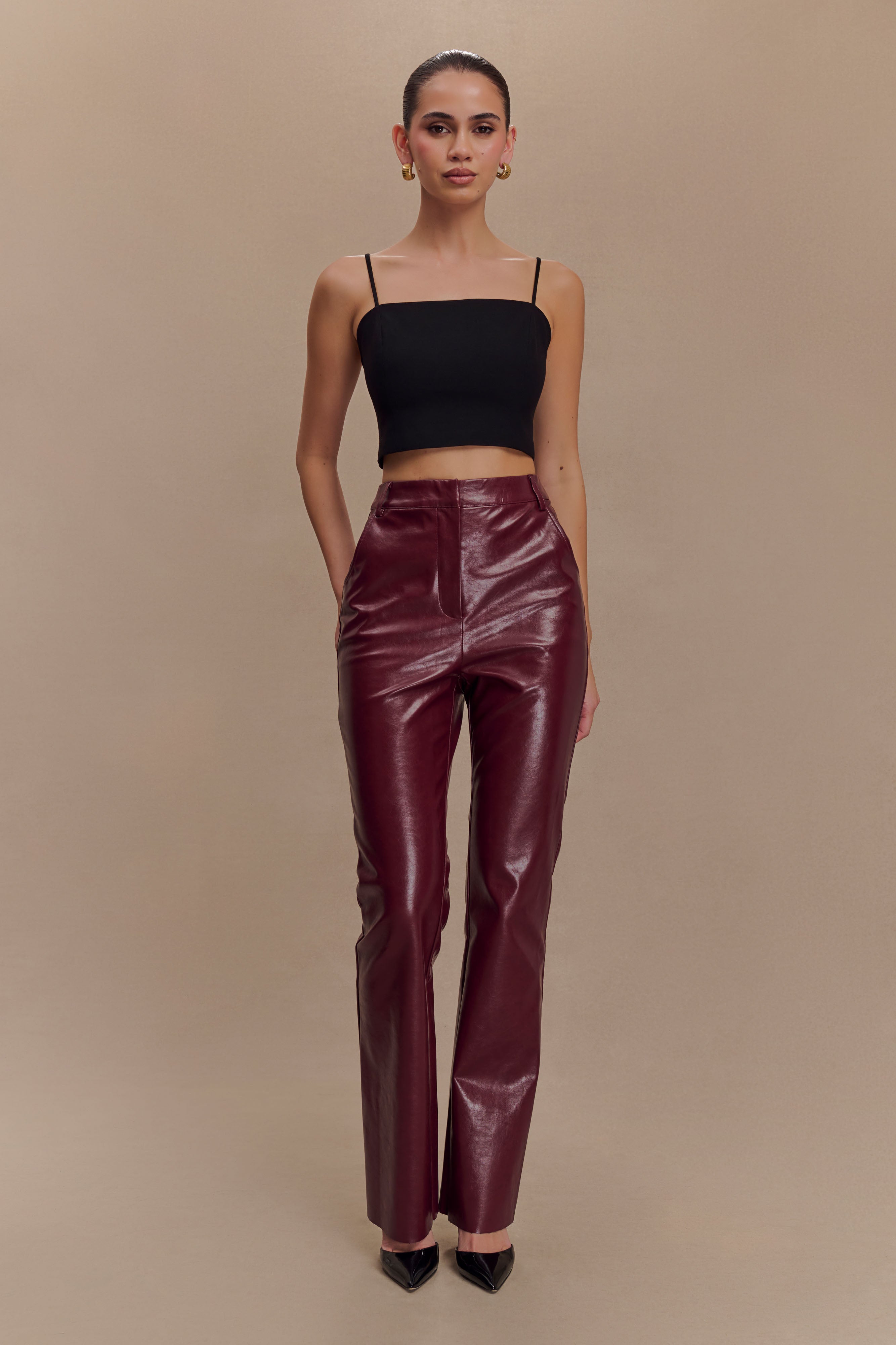 Tyra Straight Leg Faux Leather Pants - Cherry Red、mySite、solidvoid