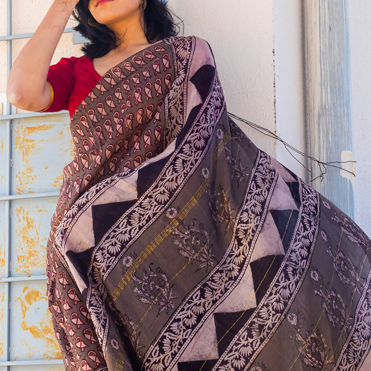 Block Print Saree | Chanderi with Bagru Print | Grey、mySite、camillekostekn