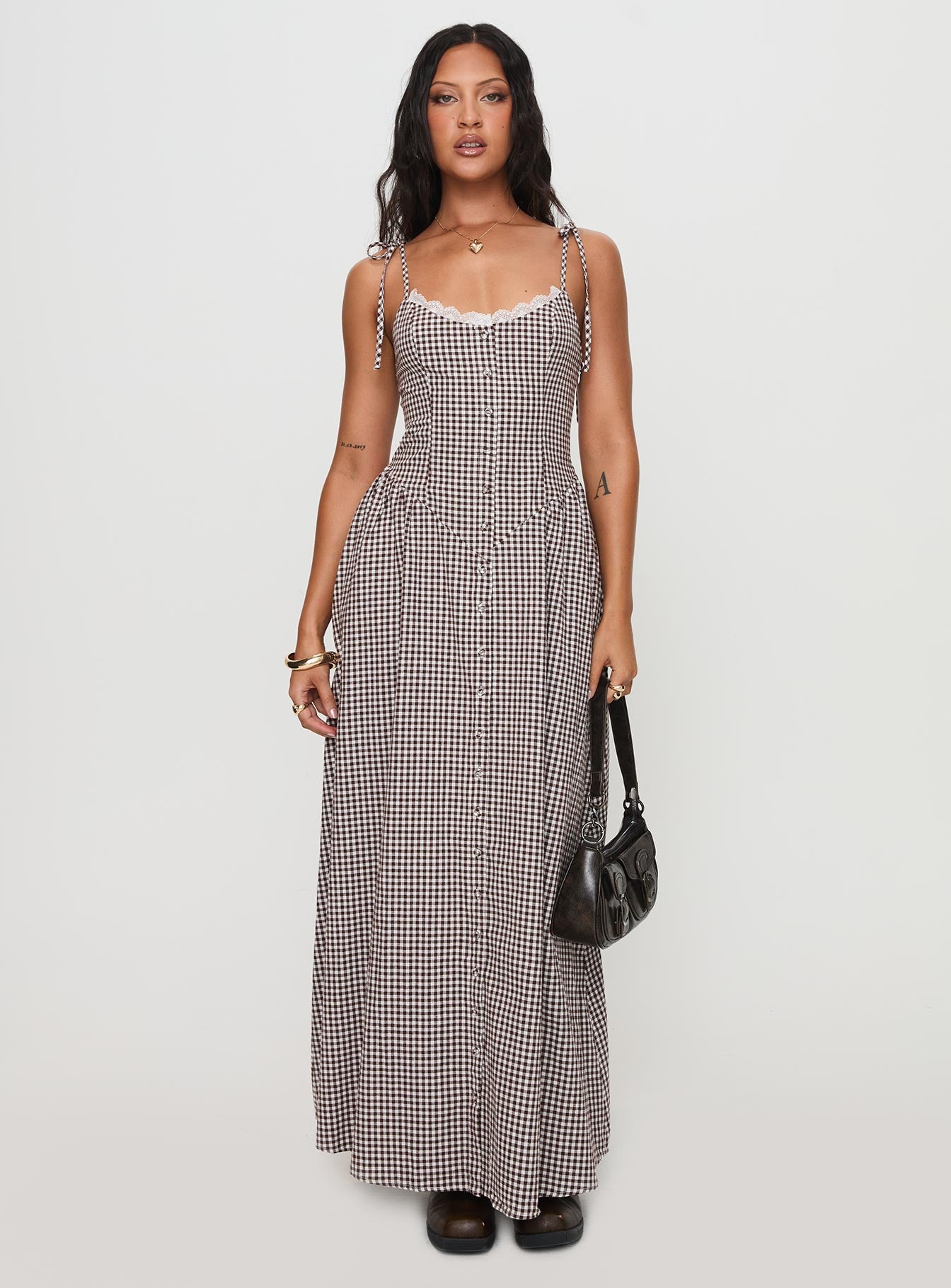 Dalanie Tie Strap Maxi Dress Brown Gingham、mySite、solidvoid