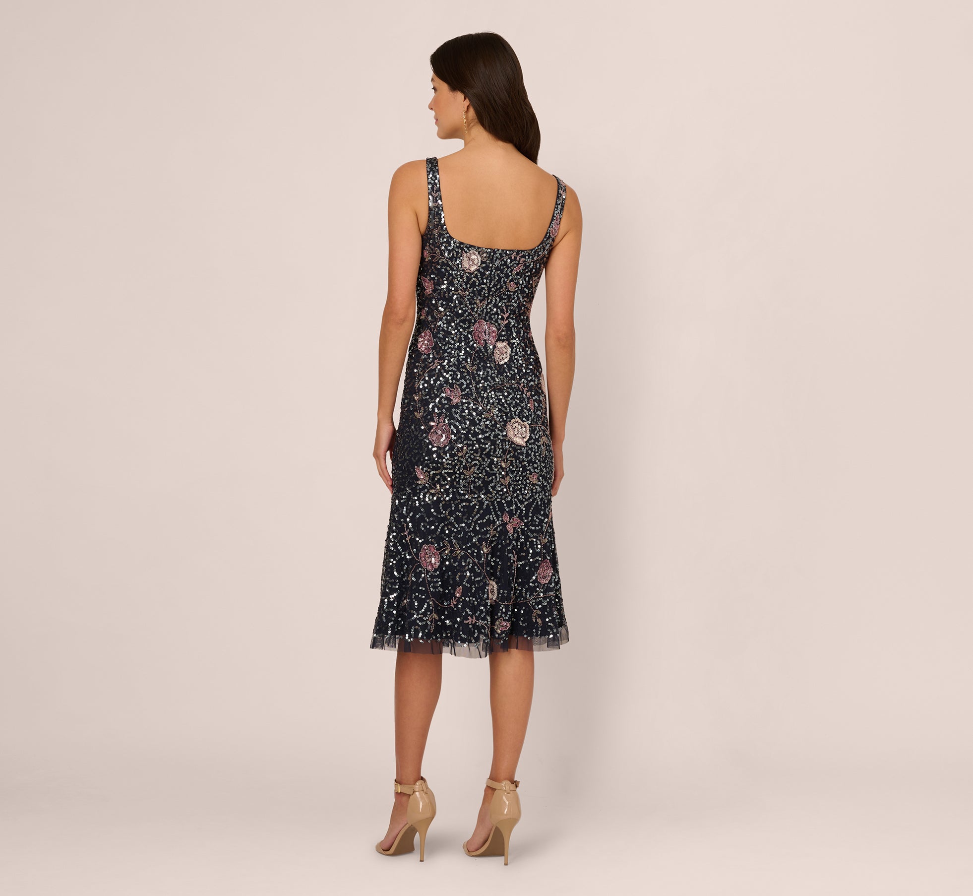 Sleeveless Sequin Floral Beaded Midi Dress In Navy Pink Multi、mySite、solidvoid