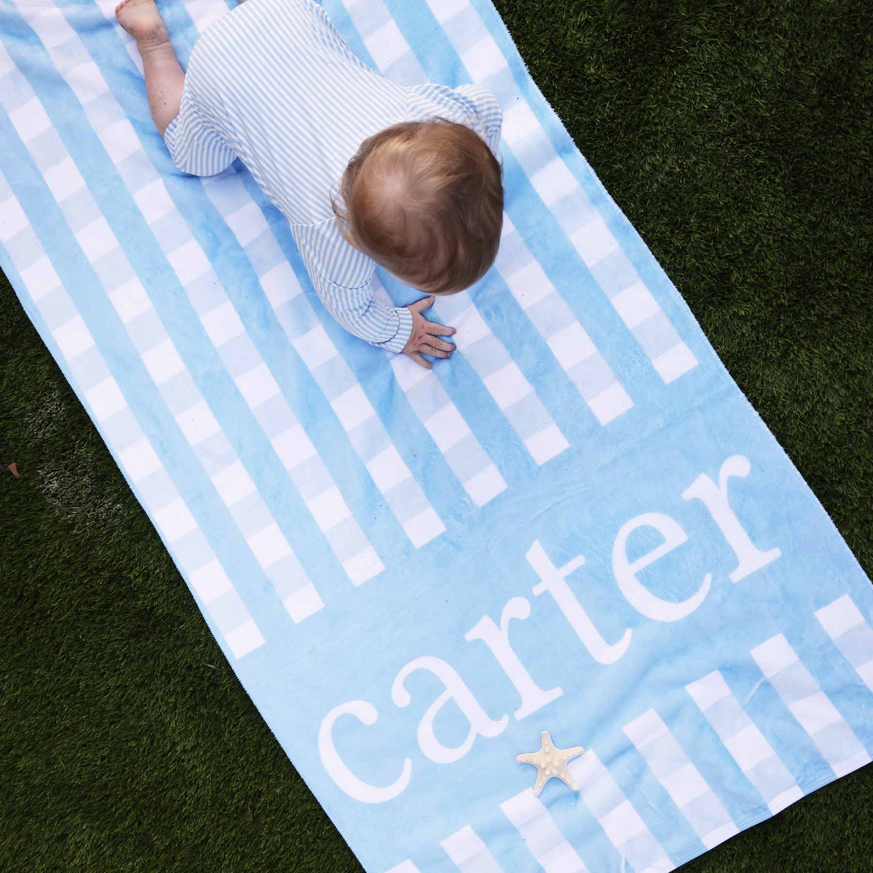  Blue Seersucker Personalized Kids Beach Towel、mySite、layawaytickets
