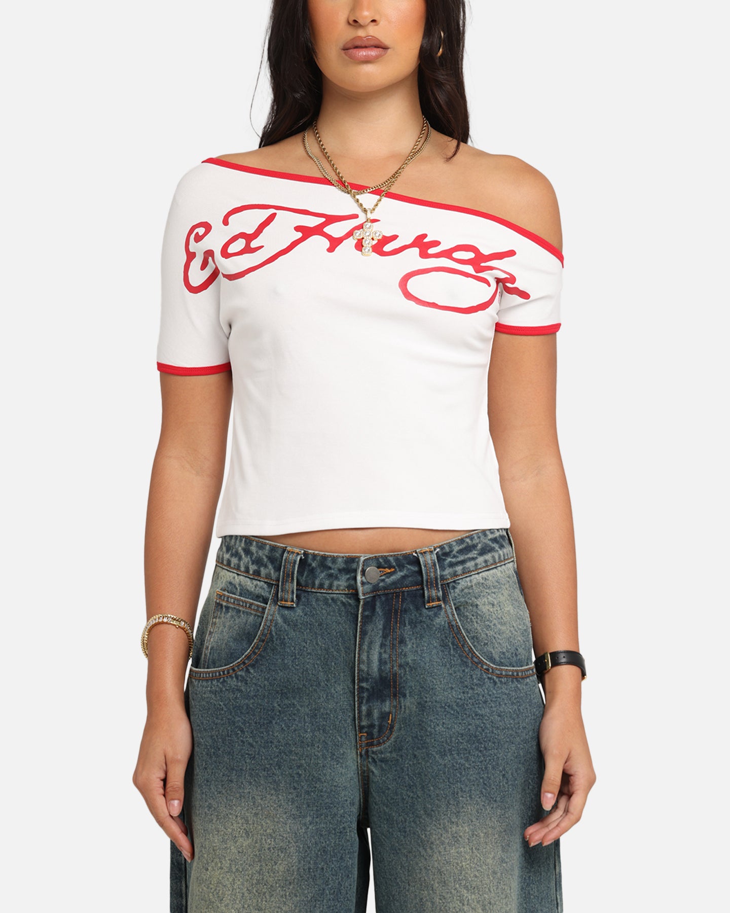 Ed Hardy Women's Aline Baby T-Shirt Off White/Red、mySite、zt4zffjzw