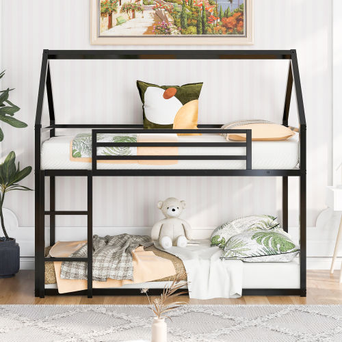 Twin over Twin House Bunk Bed with Ladder and Slide,Black、、casual