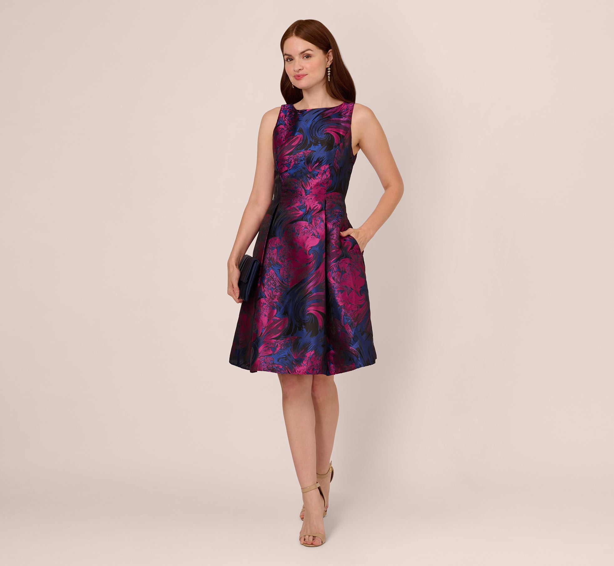 Floral Jacquard Short Dress With Envelope Back In Navy Orchid、mySite、solidvoid