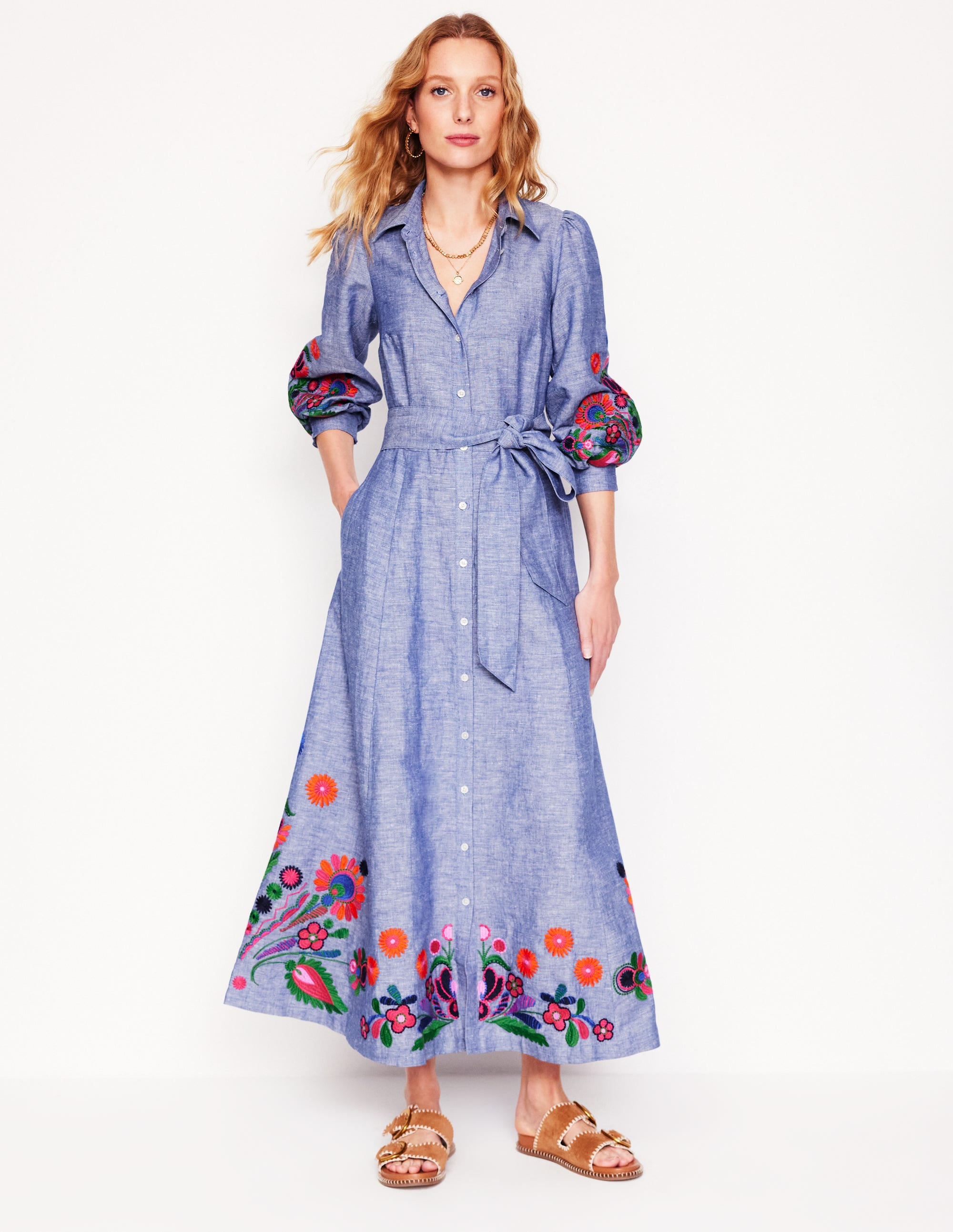  Clara Linen Blend Shirt Dress-Blue Chambray, Embroidered、mySite、ashleygrahame