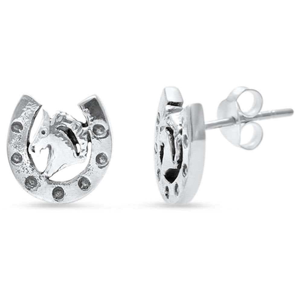 Horse Head in a Horseshoe Sterling Silver Post Earrings、mySite、g9winljtr