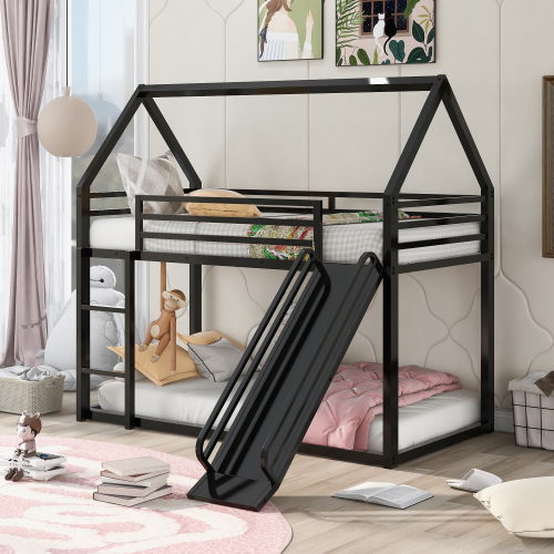 Twin over Twin House Bunk Bed with Ladder and Slide,Black、、casual