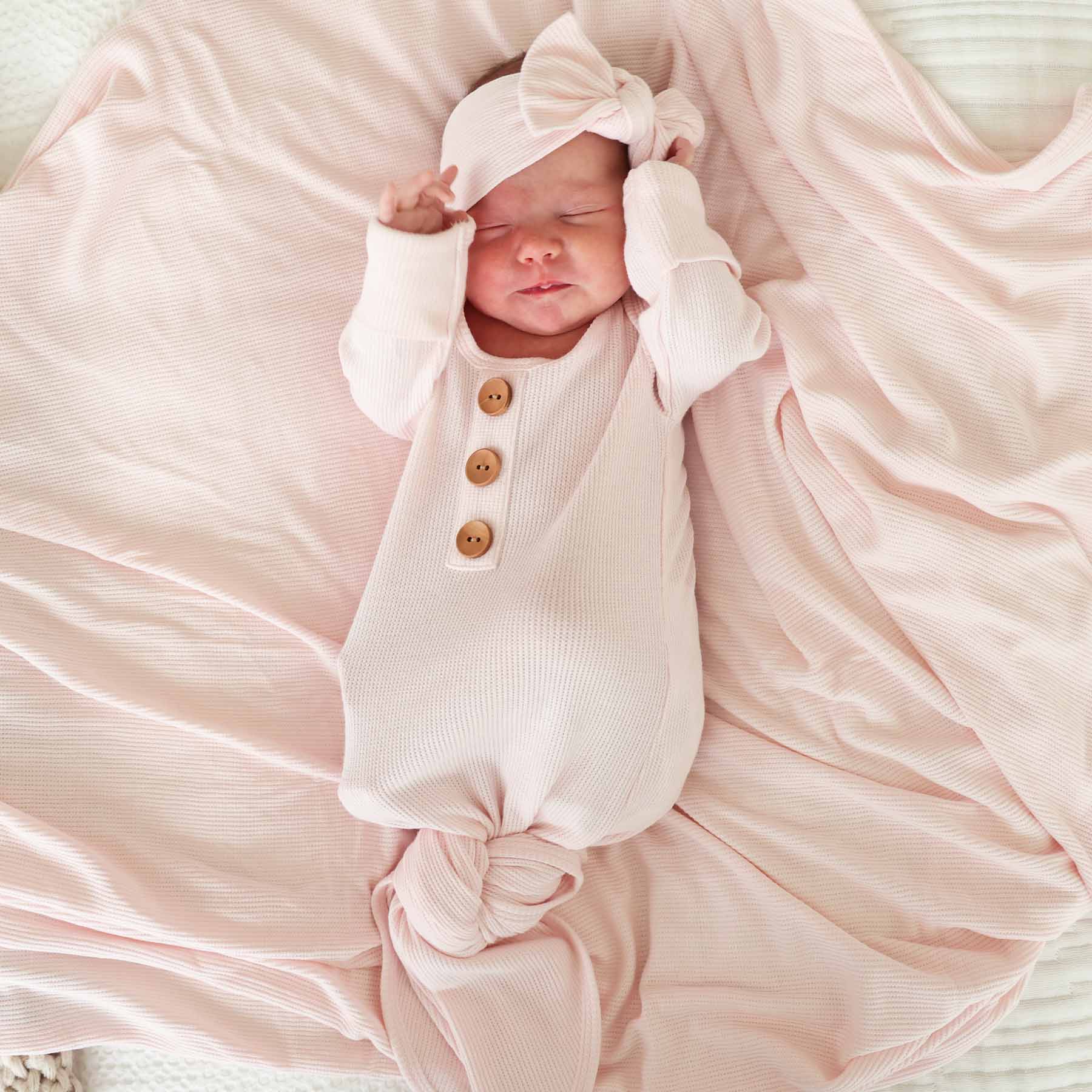  Pearl Pink Bamboo Waffle Newborn Baby Knot Gown & Hat Set、mySite、layawaytickets