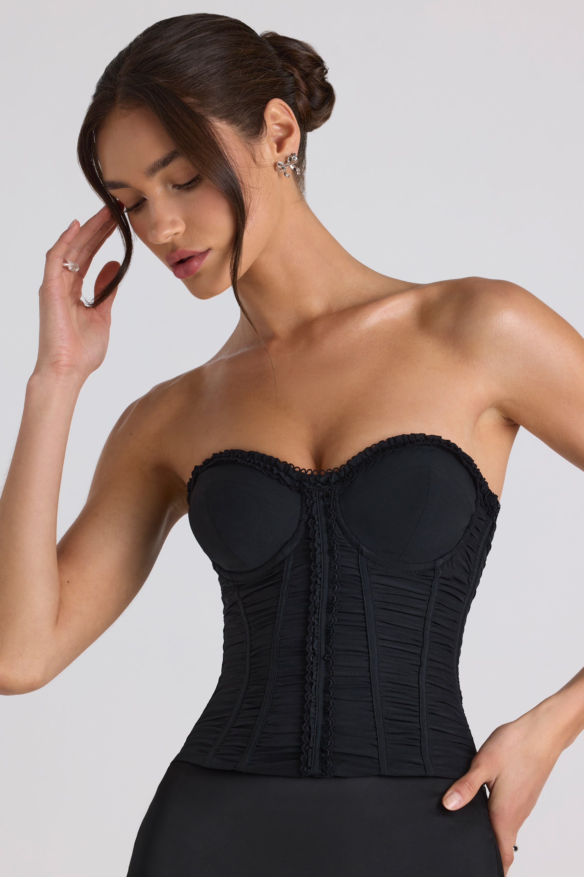 Ruched Lace-Up Strapless Corset Top in Black、mySite、solidvoid