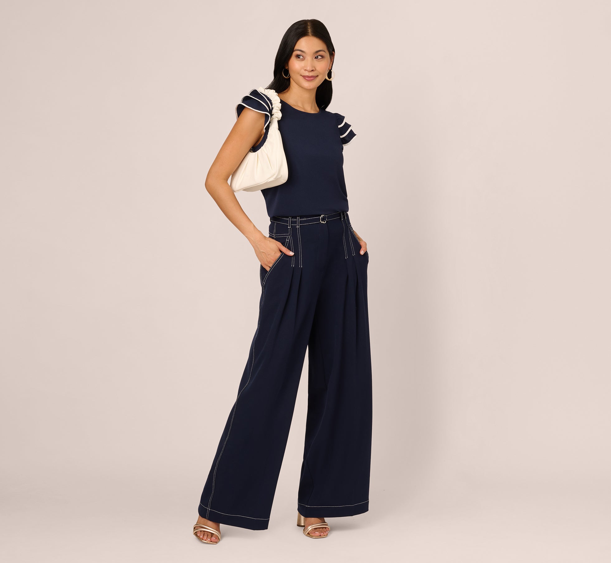 Ruffle Sleeve Contrast Trim Top In Blue Moon Ivory、mySite、solidvoid