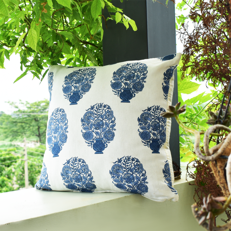 Cotton Printed Cushion Cover | Blue & White | 40 x 40 cm | Set of 2、mySite、camillekostekn