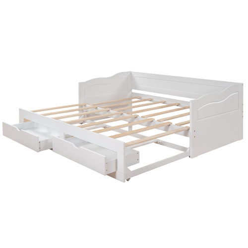 Wooden Daybed with Trundle Bed and Two Storage Drawers , Extendable Bed Daybed,Sofa Bed for Bedroom Living Room,White、、casual