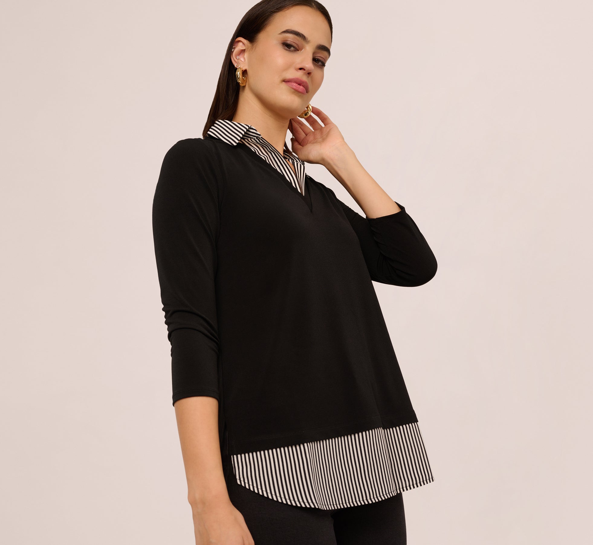 Three Quarter Sleeve Sweater With Button Down Accents In Blackw Black Ivorysmall Stripe、mySite、solidvoid