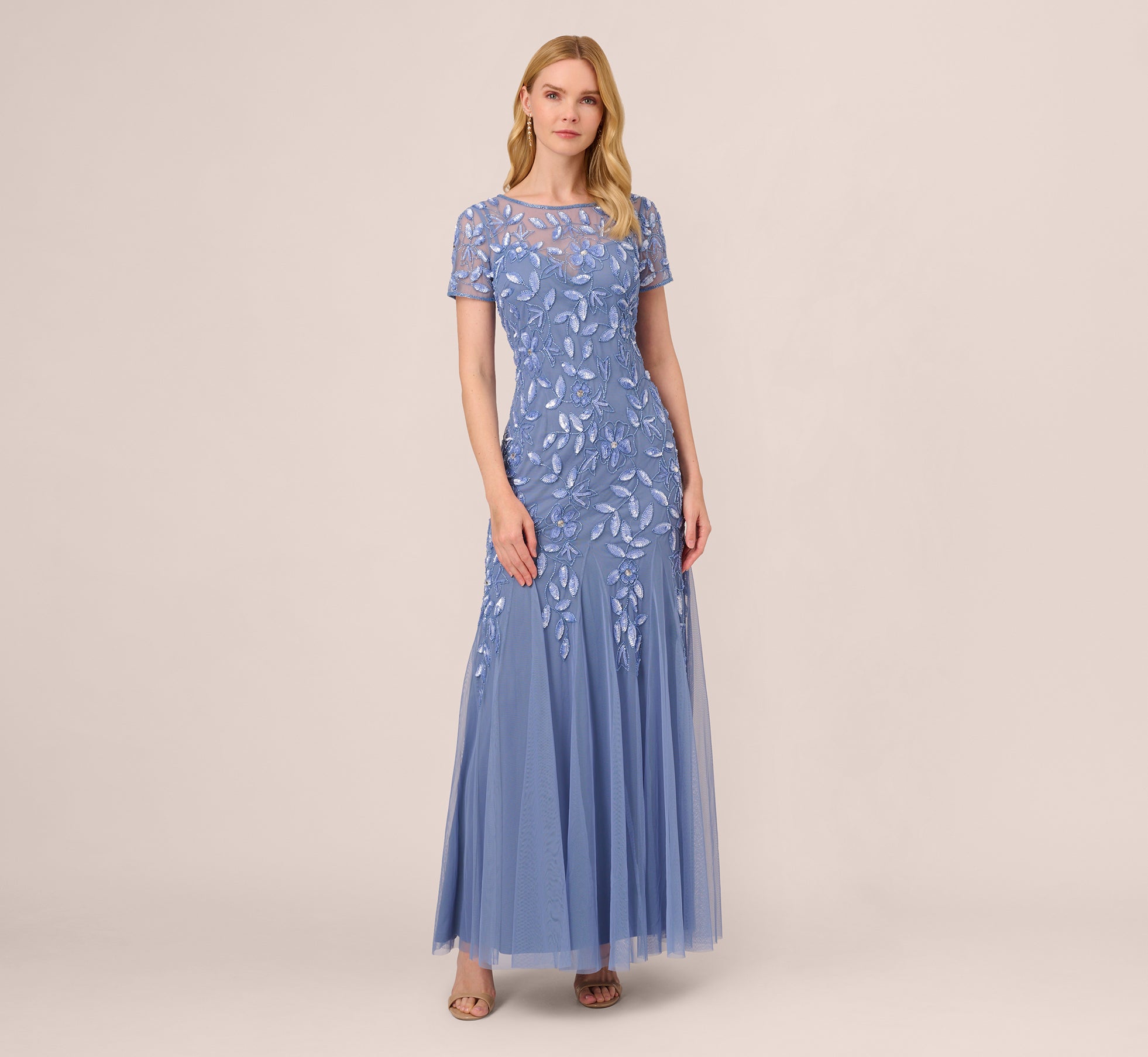 Hand Beaded Short Sleeve Floral Godet Gown In French Blue、mySite、solidvoid