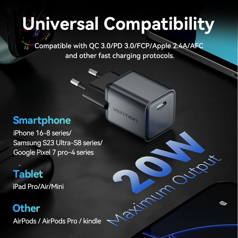 Vention 1-Port USB-C GaN Charger 20W EU-Plug、mySite、fannypackpong