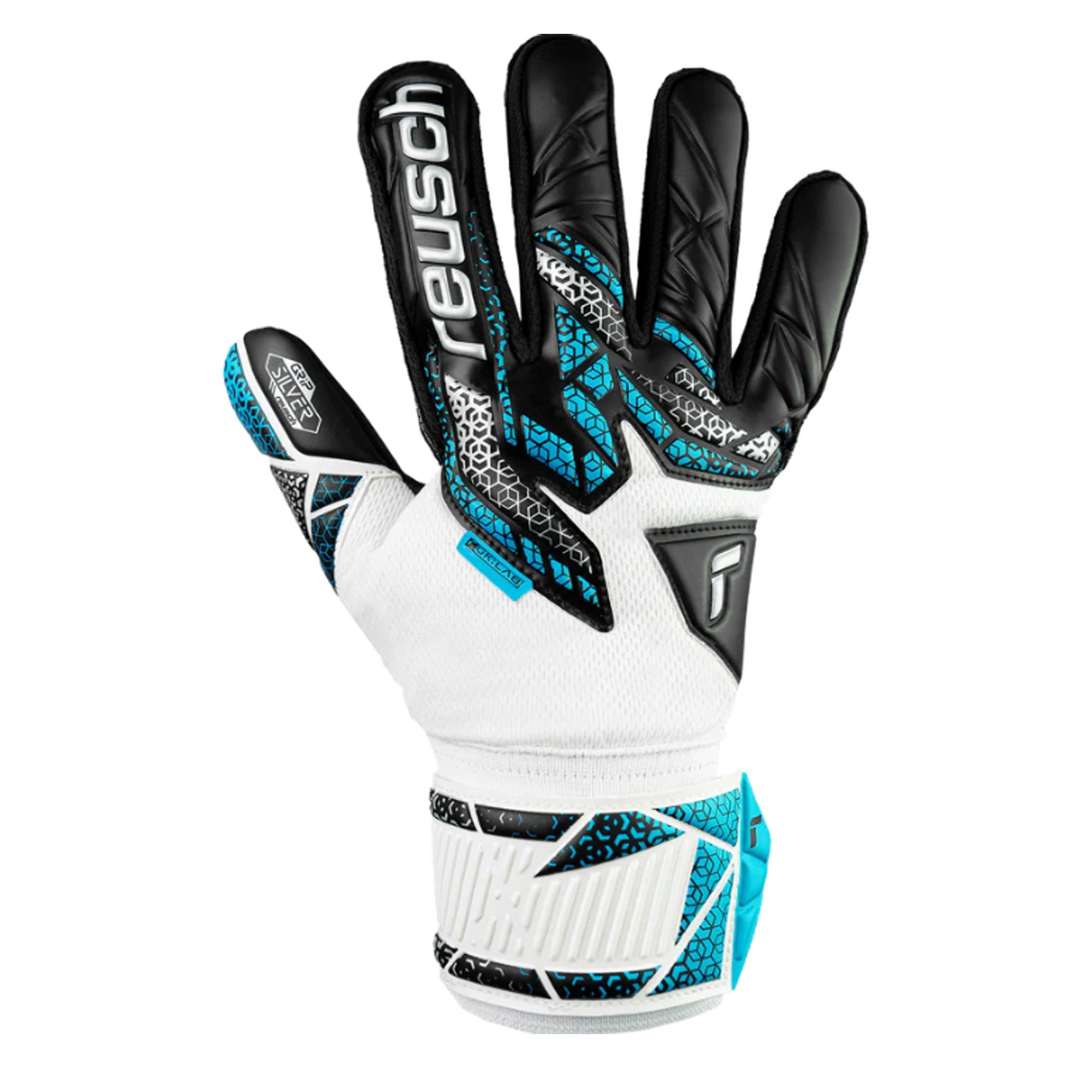 Reusch Men's Attrakt Silver NC Finger Support Goalkeeper Gloves White/Blue/Black、mySite、noshort