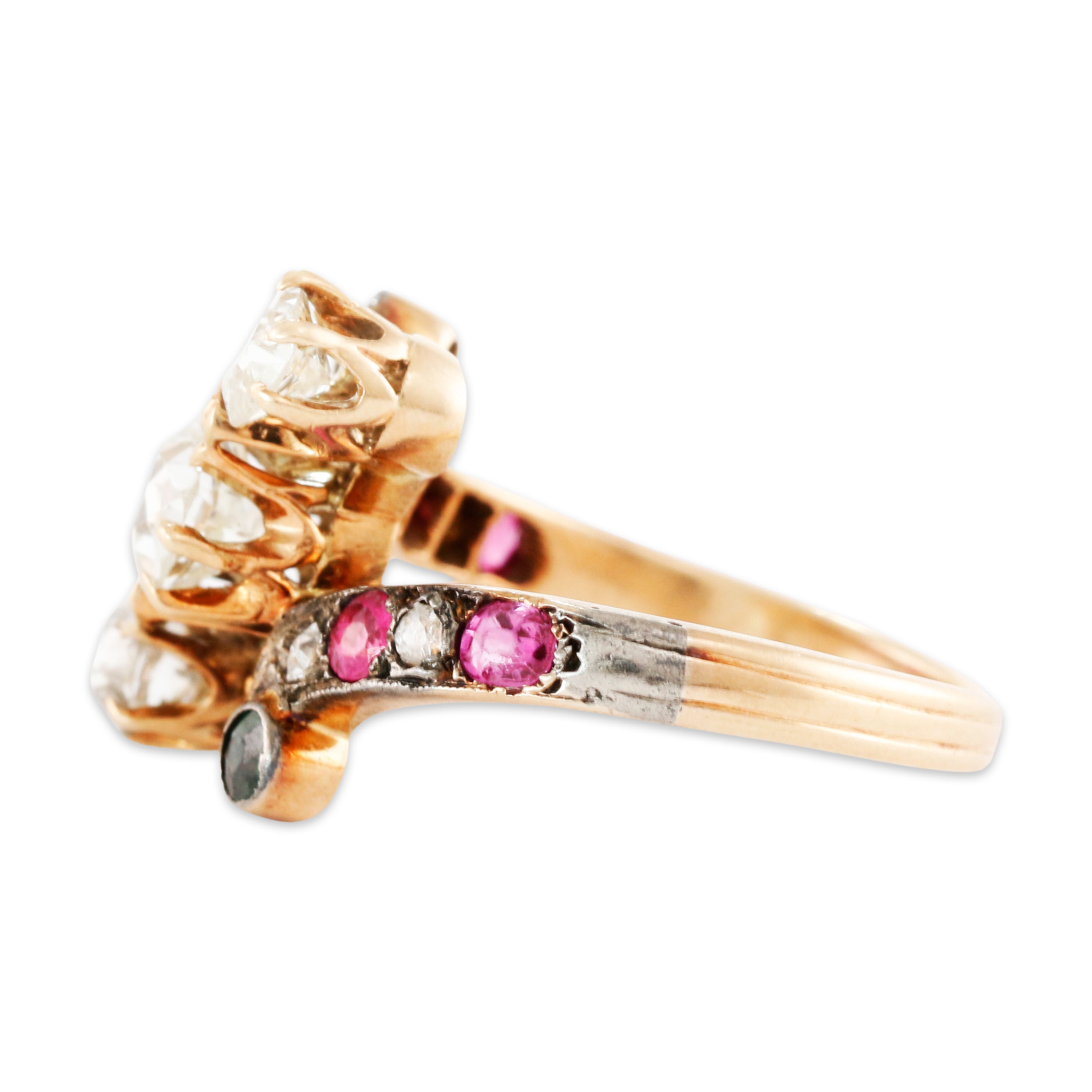 Victorian Antique 14k Gold Diamond 1cttw Syn Ruby Emerald Twist Ring 5、mySite、hinf8tx79