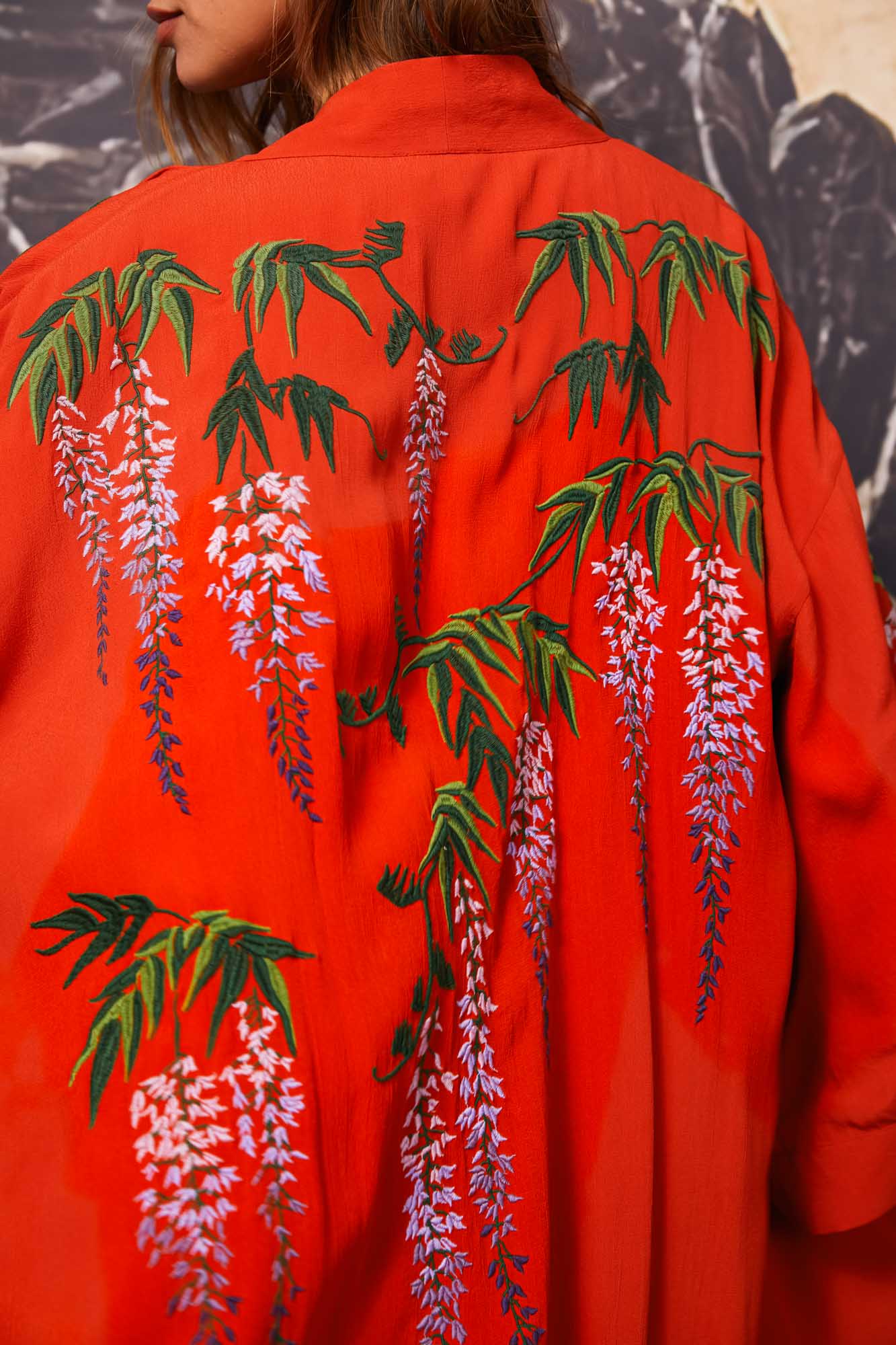 Wisteria & Chrysanthemum Embroidered Terracotta Fully Lined Long Kimono、mySite、bengalsvssteelers