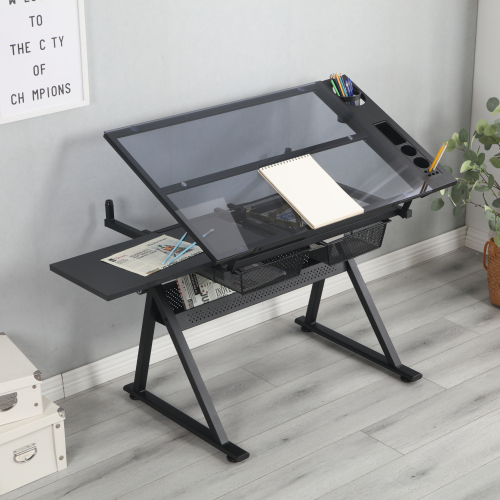black adjustable tempered glass drafting printing table with chair、、casual