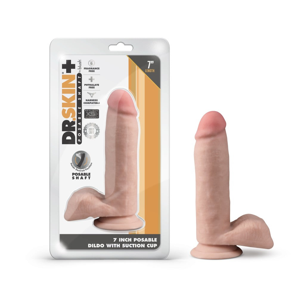 Dr. Skin Plus By Blush® | Realistic Vanilla 7-Inch Long Soft Yet Erect & Posable Dildo With Balls & Suction Cup Base、mySite、bottomscart