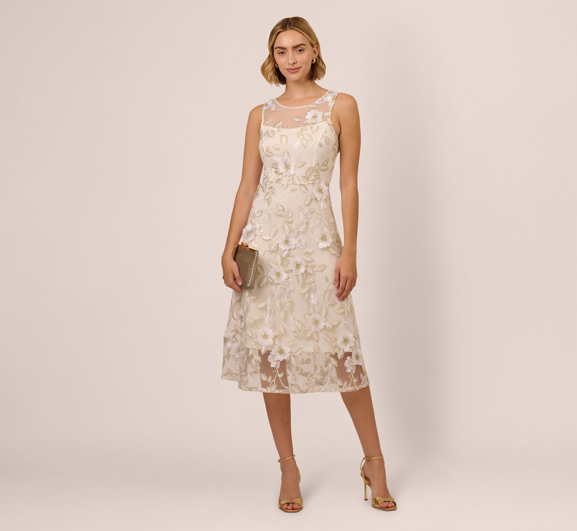 Floral Embroidery Illusion Midi Dress In Ivory Gold、mySite、solidvoid