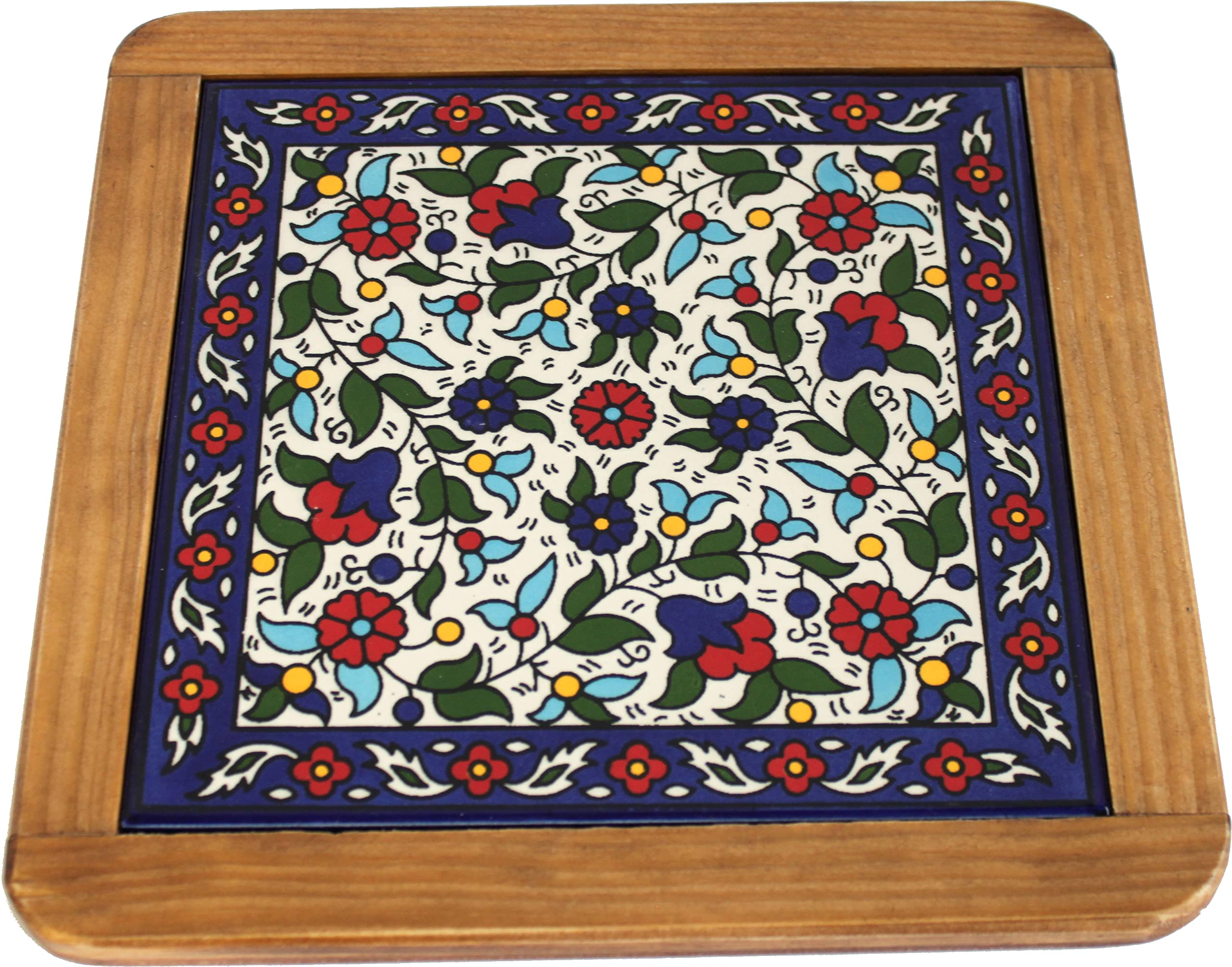 Holy Land Market Extra Large Ceramic Coaster Trivet - Hot Plate - Shades of Blue Flowers ( 25cm or 9.75 Inches )、mySite、topwebapps