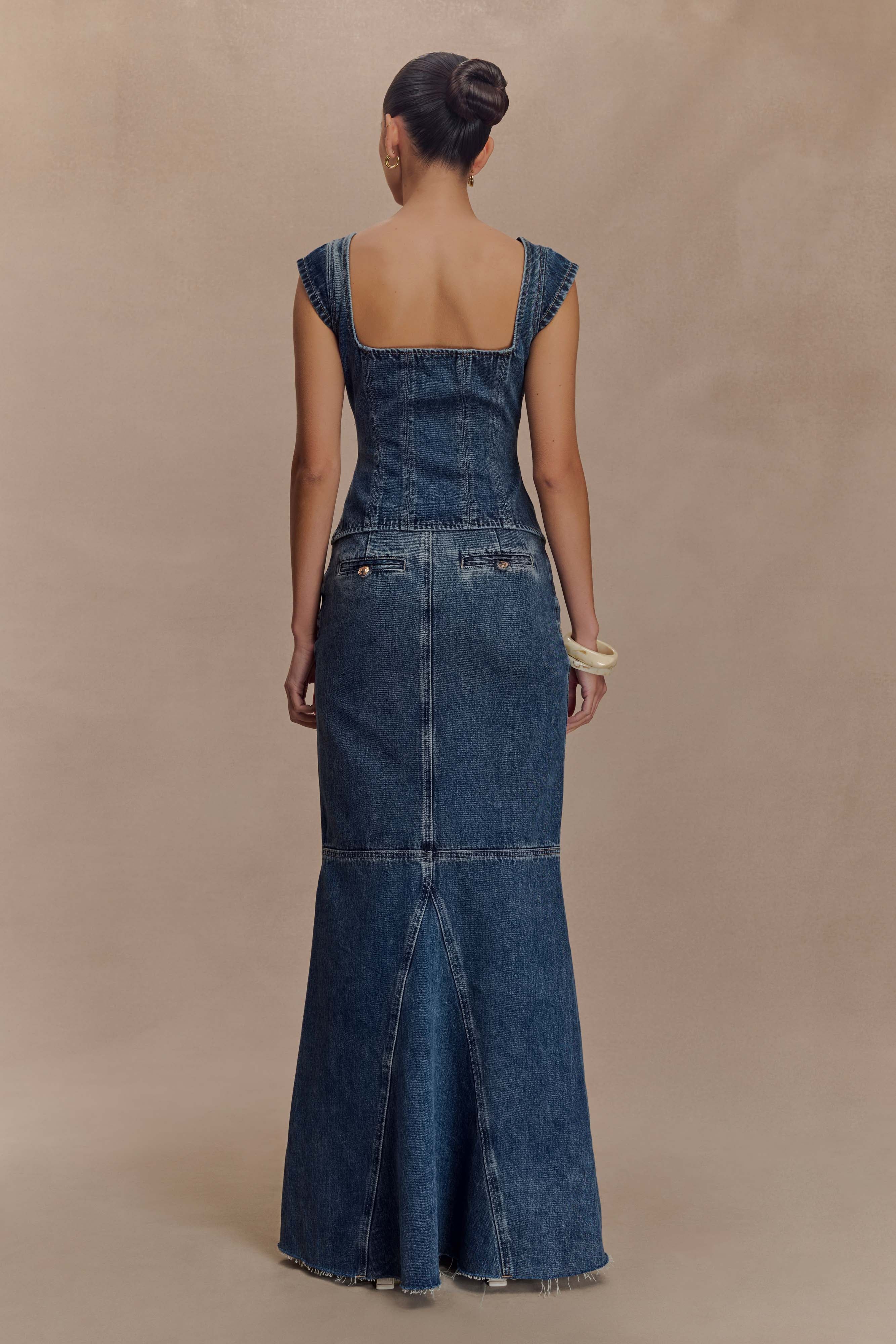 Loretta Cap Sleeve Denim Top - Washed Dark Blue、mySite、solidvoid