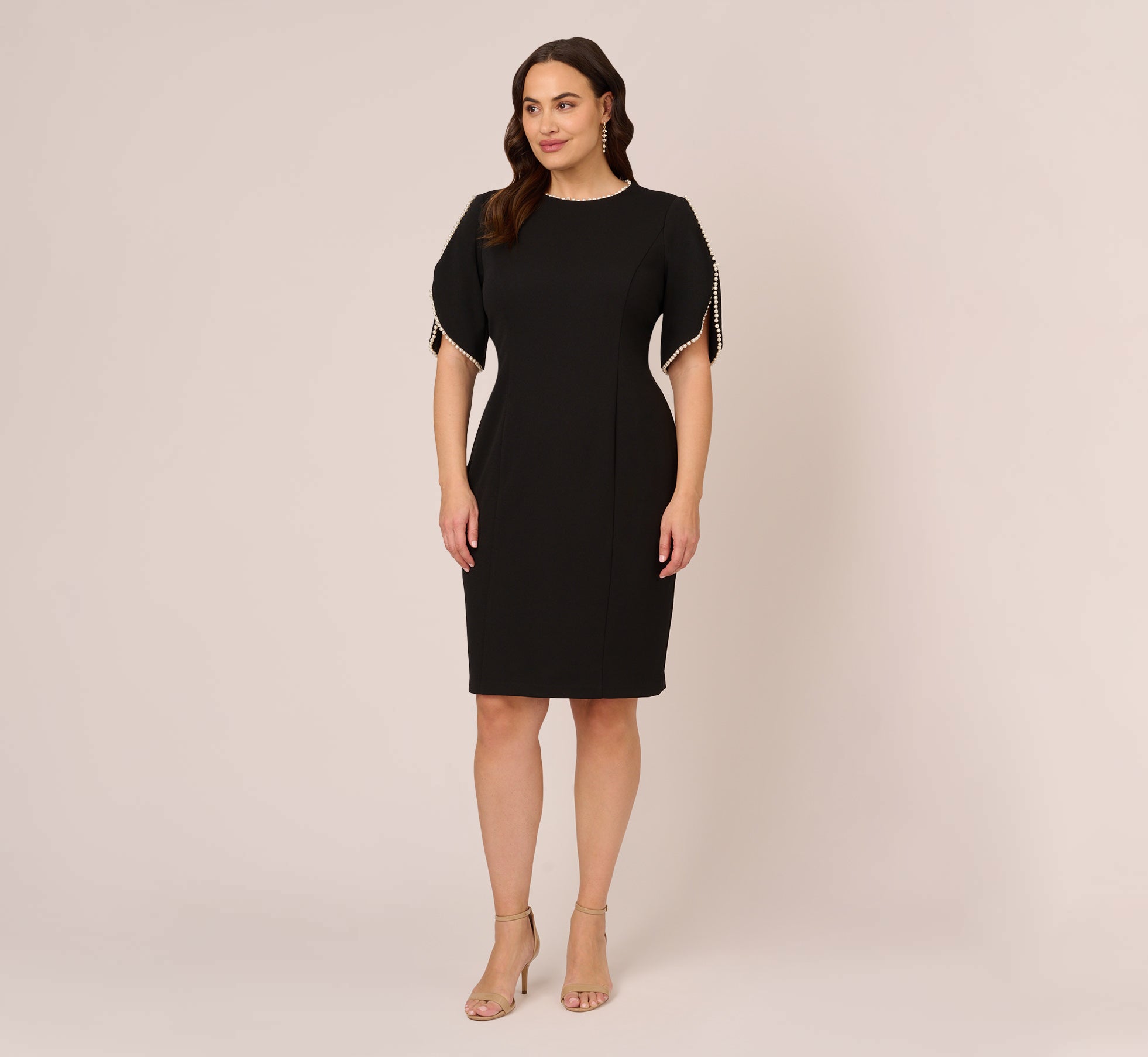 Plus Size Crepe Midi Length Sheath Dress With Pearly Trim In Black、mySite、solidvoid