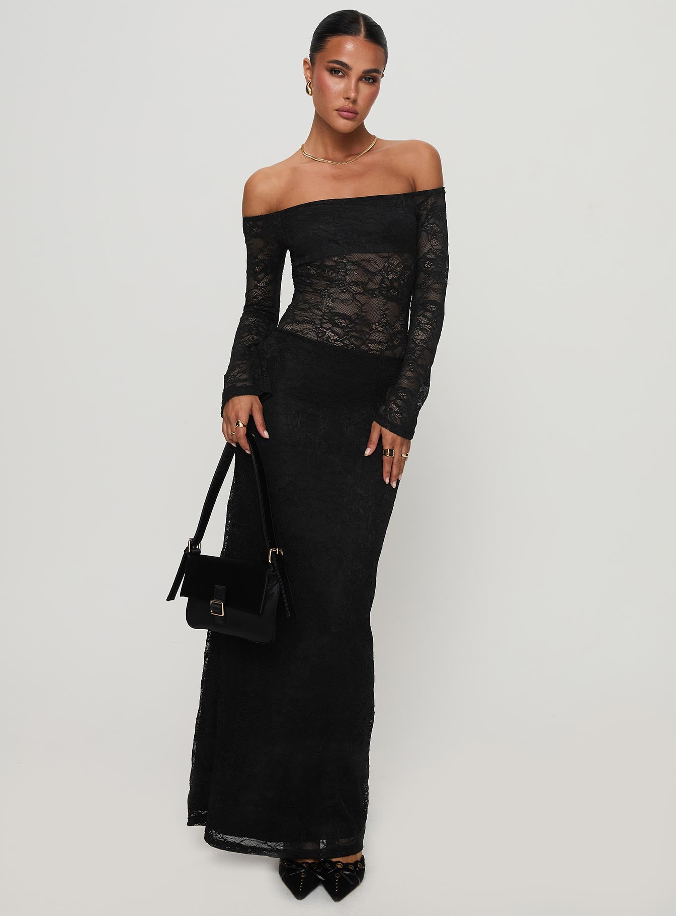 Pinot Grigio Long Sleeve Lace Maxi Dress Black、mySite、solidvoid
