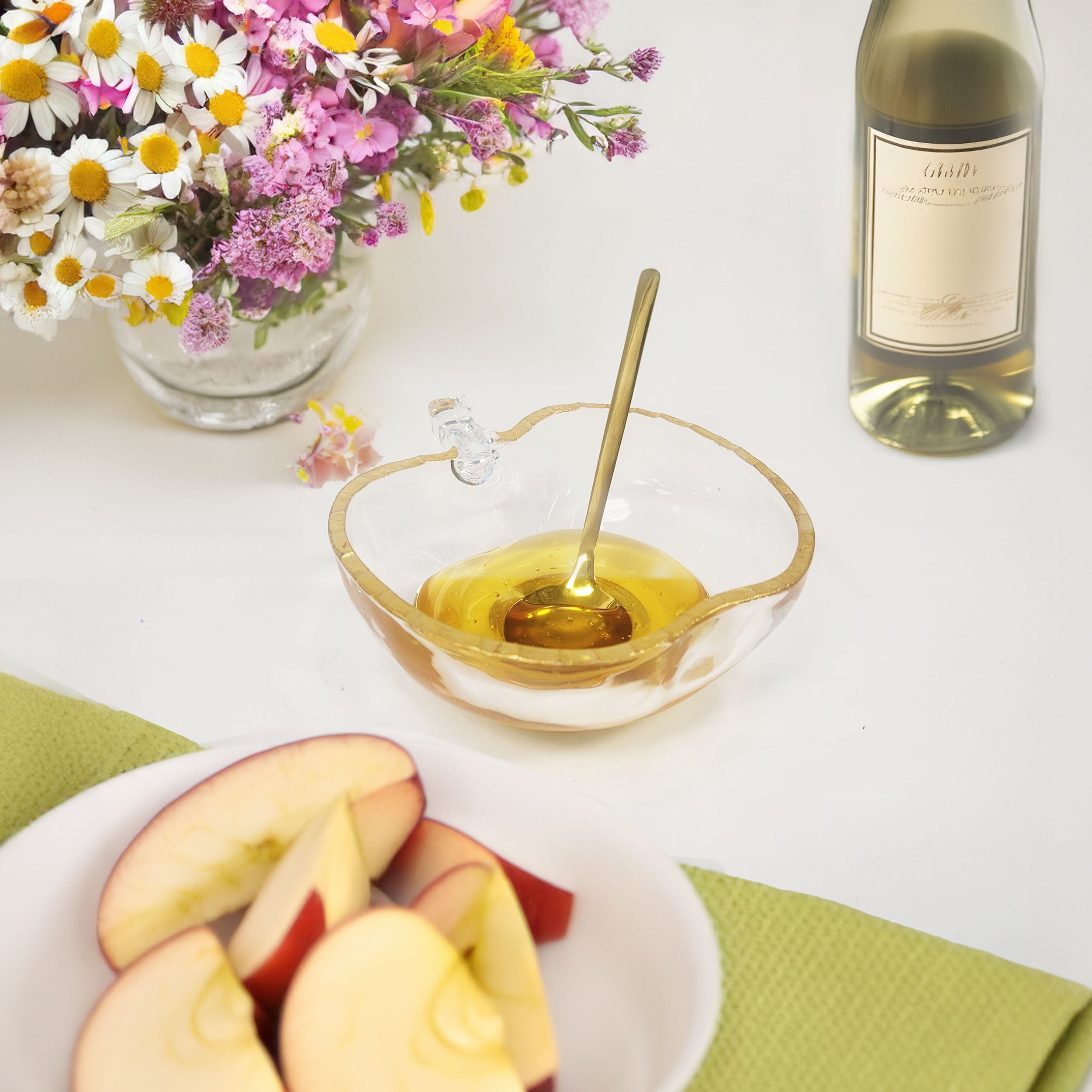 Apple-Shaped Glass Honey Dish with Gold Accent and Spoon、mySite、topwebapps