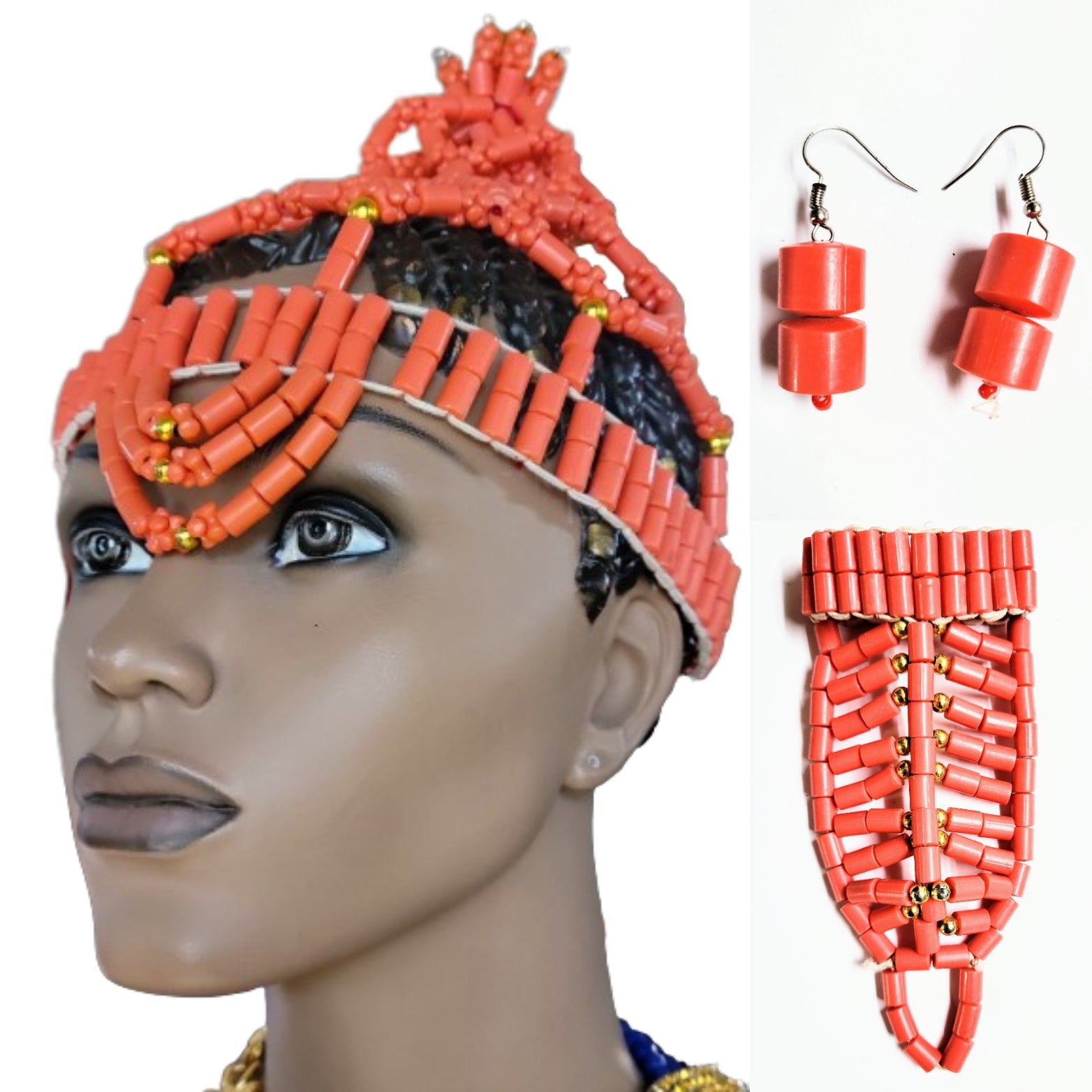 Ogogo Igbo Edo beads Nigerian Edo Crown, Bracelet-ring and Earrings for Women-DPEJS3、mySite、solidvoid
