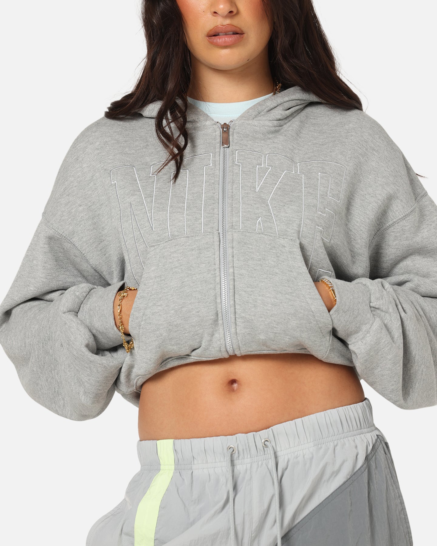 Nike Women's Sportswear Full-Zip Cropped French Terry Hoodie Grey、mySite、zt4zffjzw