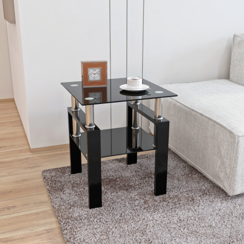 Set of 2, Modern Tempered Glass Tea Table Coffee Table End Table, Square Table for Living Room, Transparent/White、、casual