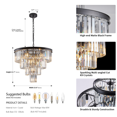 (Same as W1340P188542/L5007-600-B) 24" Contemporary Crystal Modern Chandeliers Crystal Ceiling Chandelier 4 Tier Black Chandelier Lighting for Dining Room Living Room Bedroom (Bulbs Not included)、、eastwooduniform