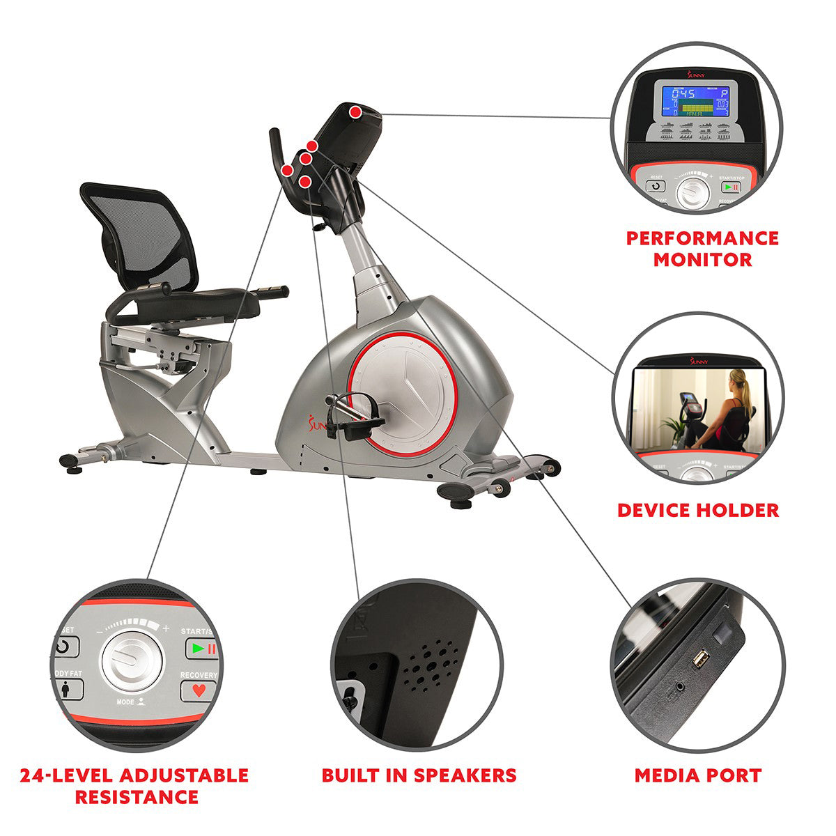  Recumbent Bike Exercise Bike, Self-Powered Cycling for USB Charging Function、mySite、ghnorth
