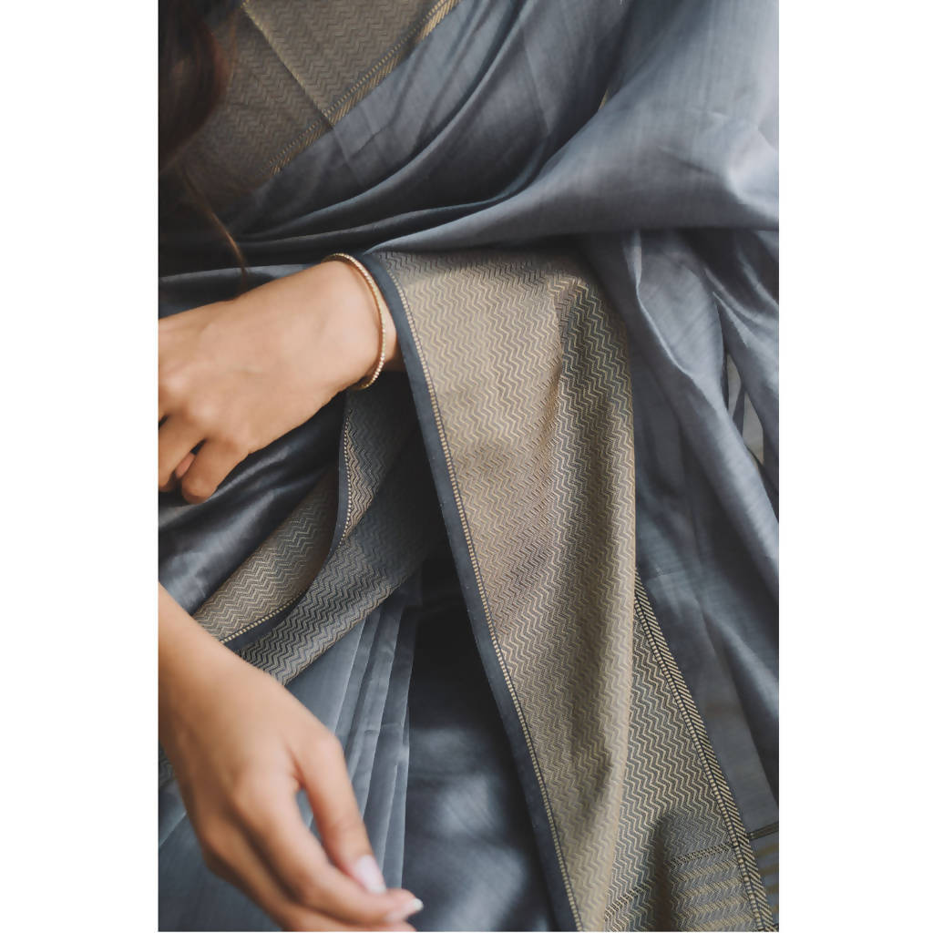 Maheshwari Cotton Silk Saree | Grey & Gold、mySite、camillekostekn