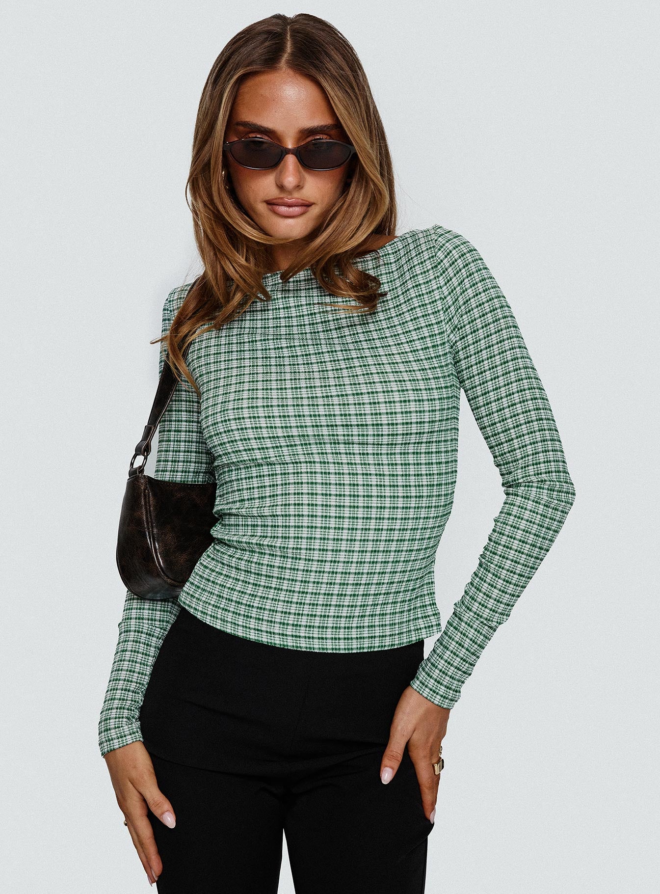 Every Second Boat Neck Long Sleeve Top Green Check、mySite、solidvoid