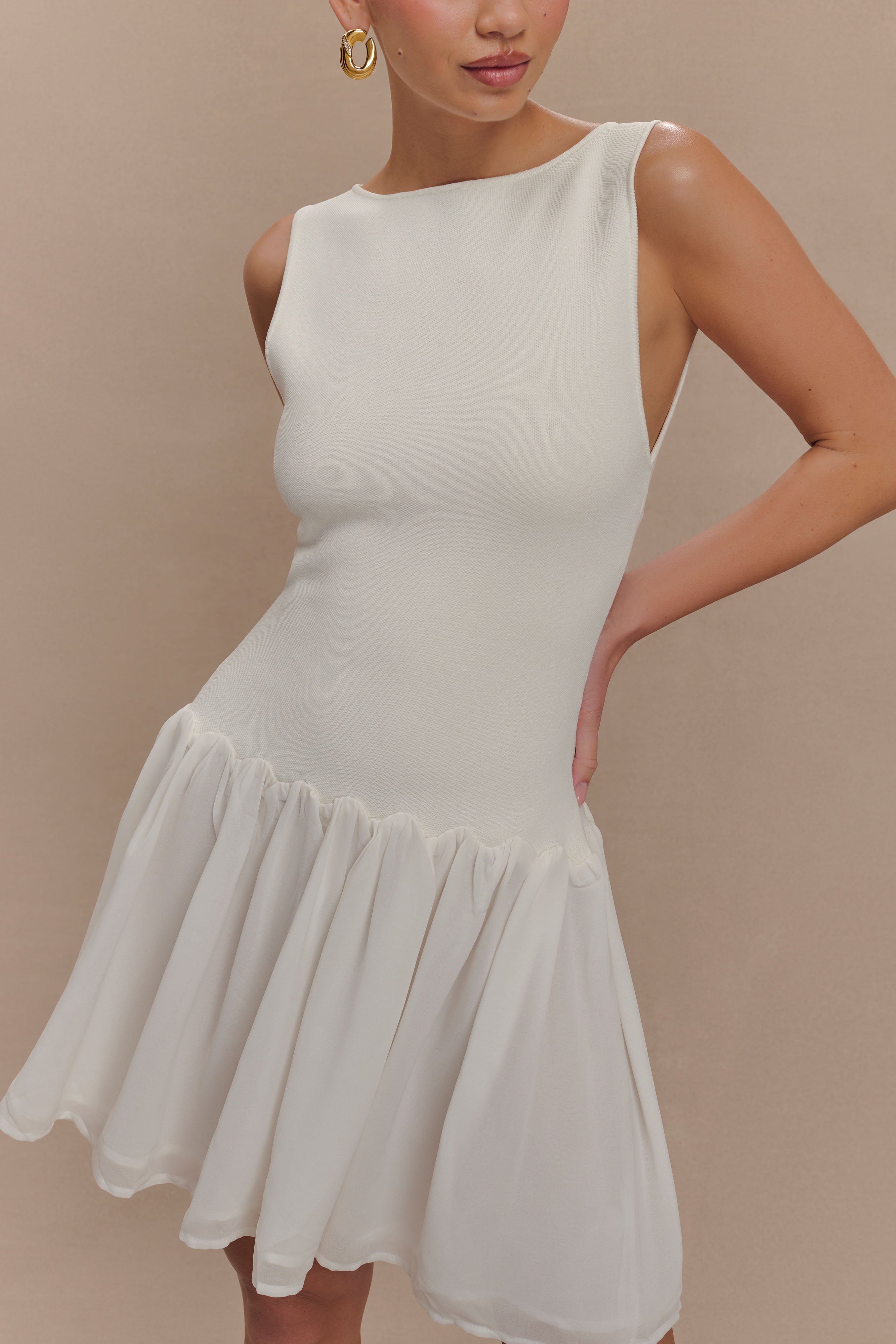 Ashleigh Knit And Chiffon Mini Dress - Ivory、mySite、solidvoid