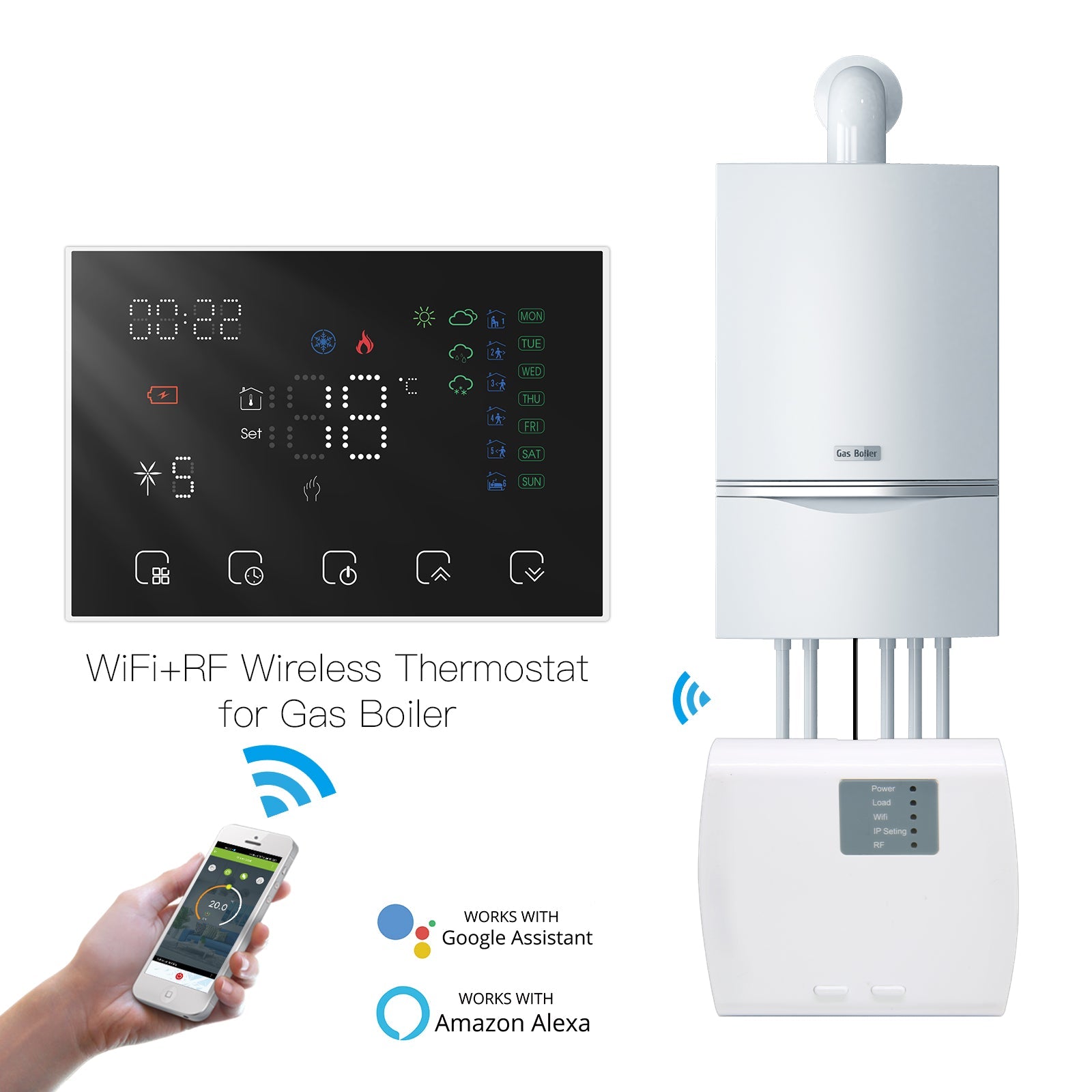WiFi RF Programmable Thermostat Smart Wall-hung Temperature Controller Wireless RF Receiver for Water/ Electric/ Gas Boiler Floor Heating、mySite、fannypackpong