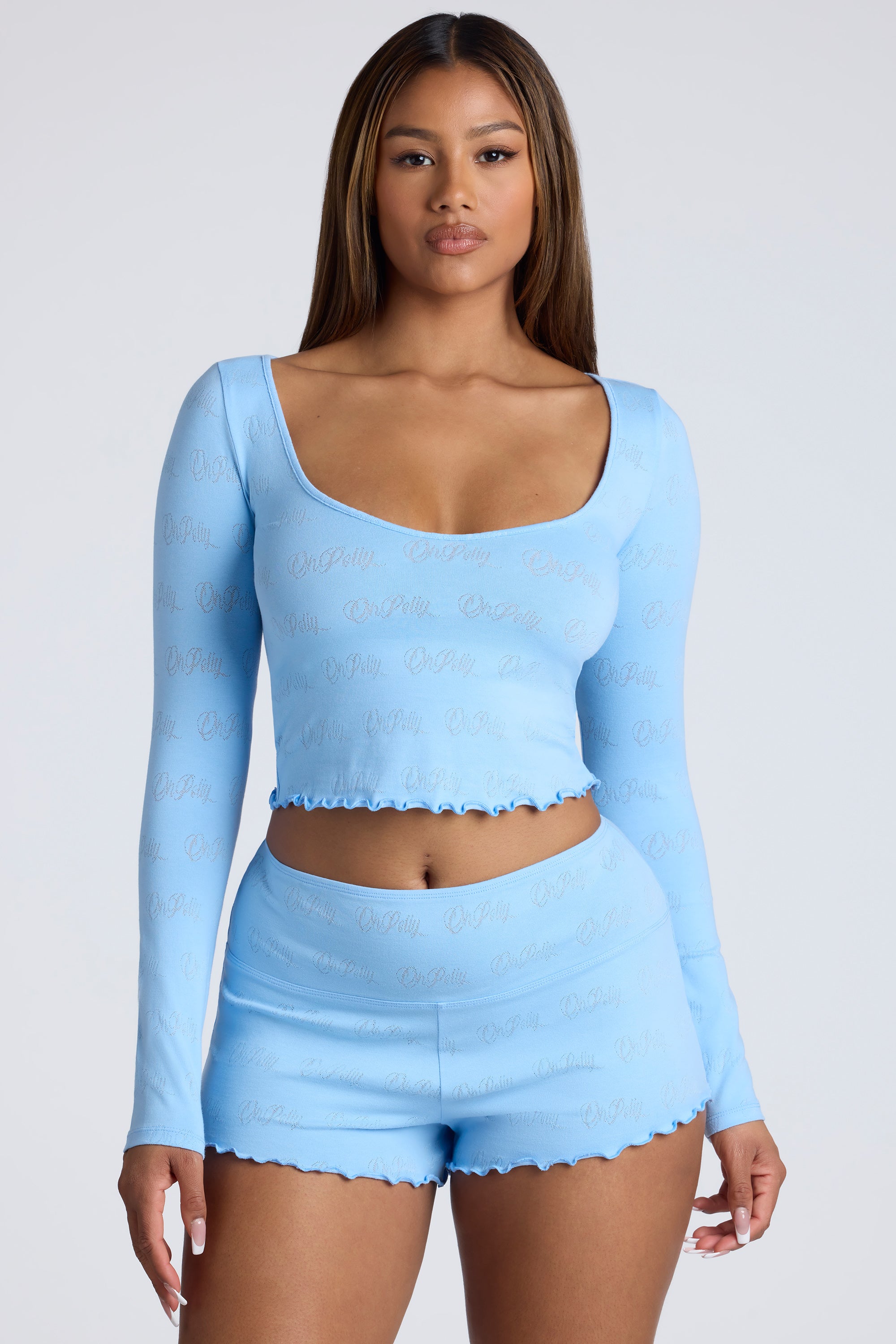 Long Sleeve Scoop Neck Pointelle Crop Top in Baby Blue、mySite、solidvoid