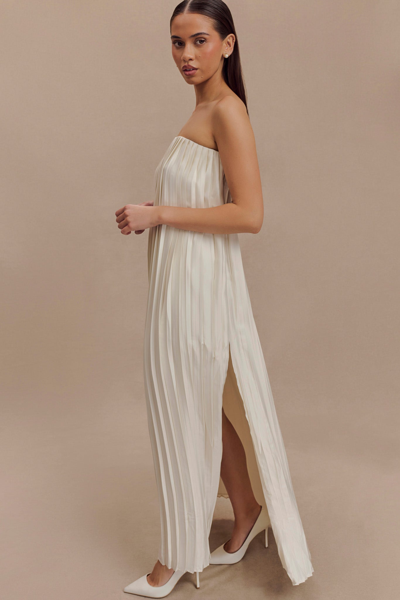 Myrah Plisse Strapless Maxi Dress - Ivory、mySite、solidvoid