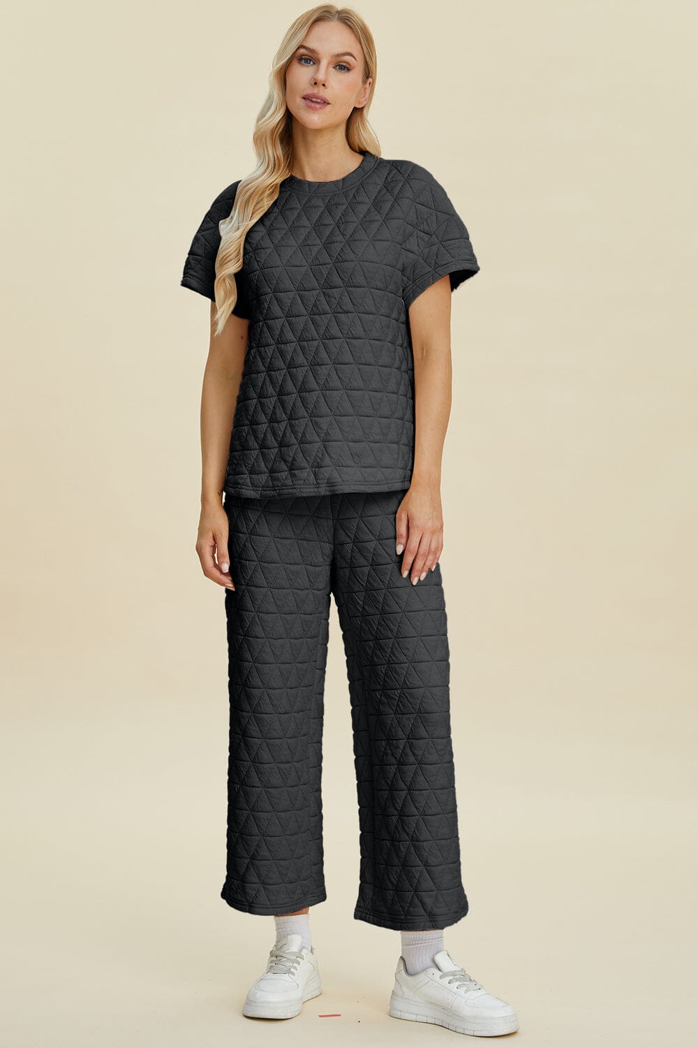 Double Take Full Size Texture Round Neck Short Sleeve Top and Pants Set、mySite、camillekostekn