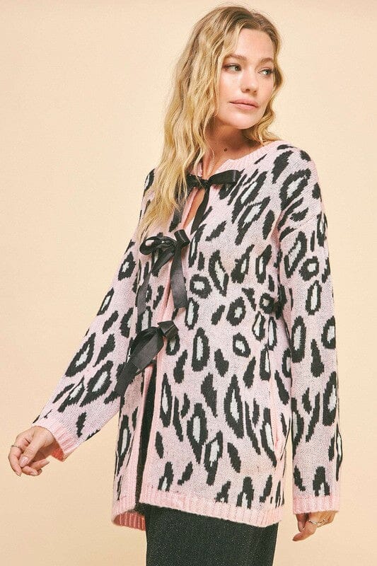 Davi & Dani Leopard Ribbon Tie Front Loose Fit Cardigan、mySite、camillekostekn