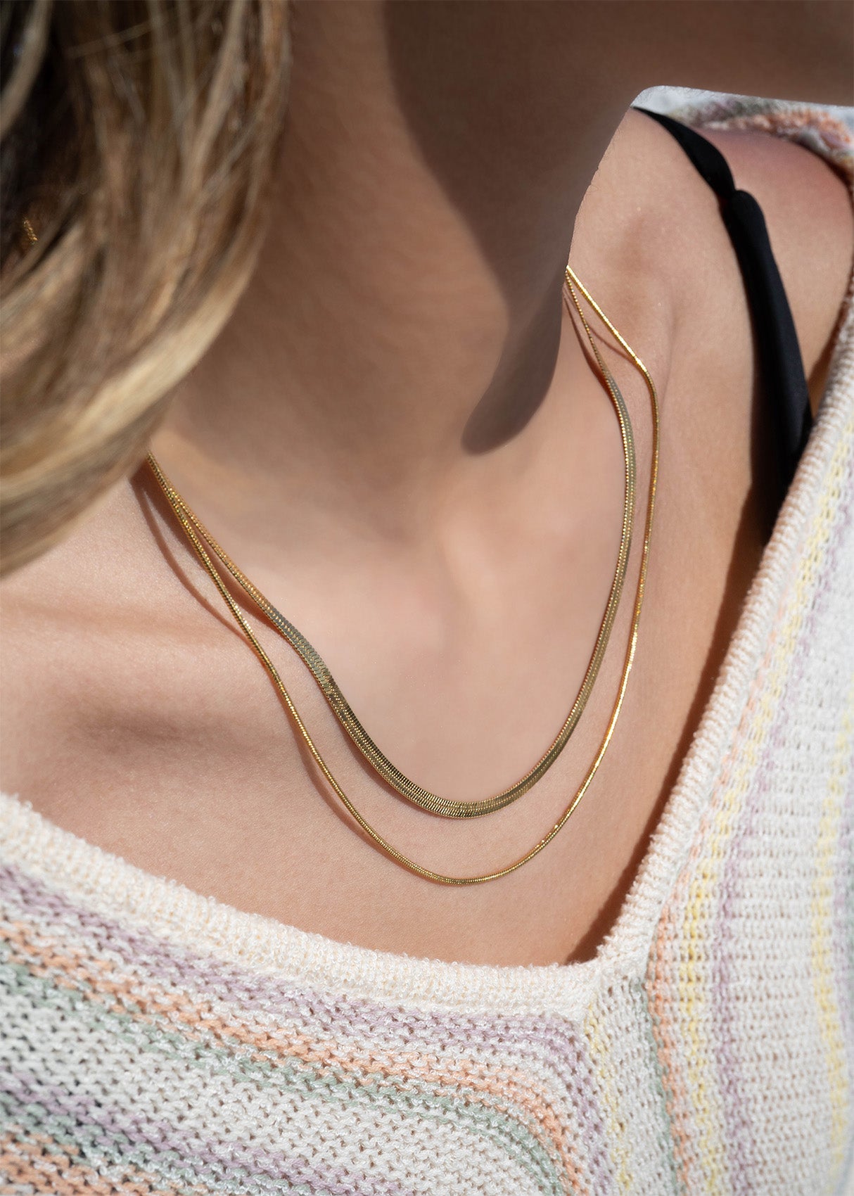 18K Gold PVD Stainless Steel Herringbone and Snake Layered Chain Necklace / CHN0025、mySite、dreamappss
