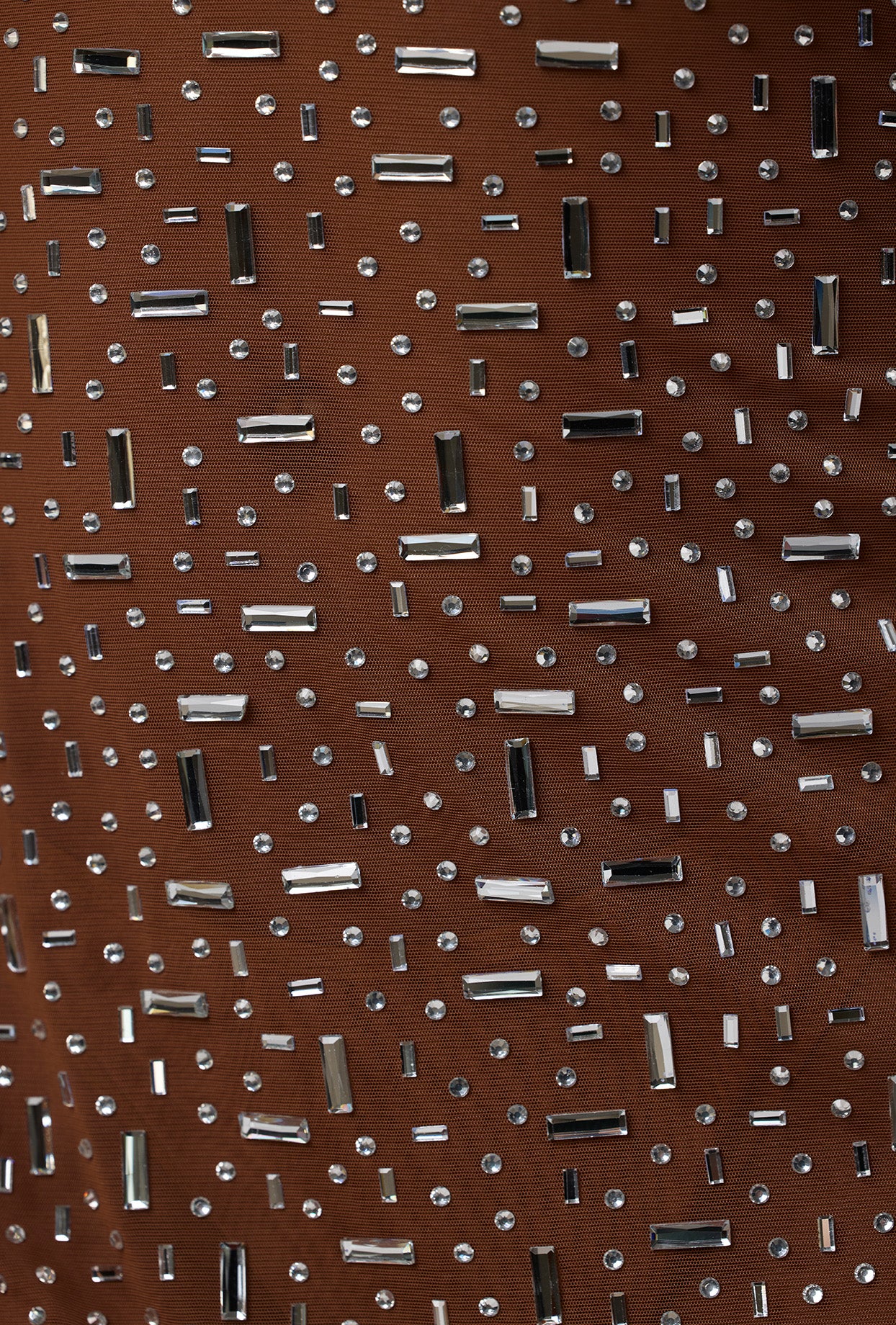 Sheer Embellished Long Sleeve A-Line Mini Dress in Mocha、mySite、solidvoid