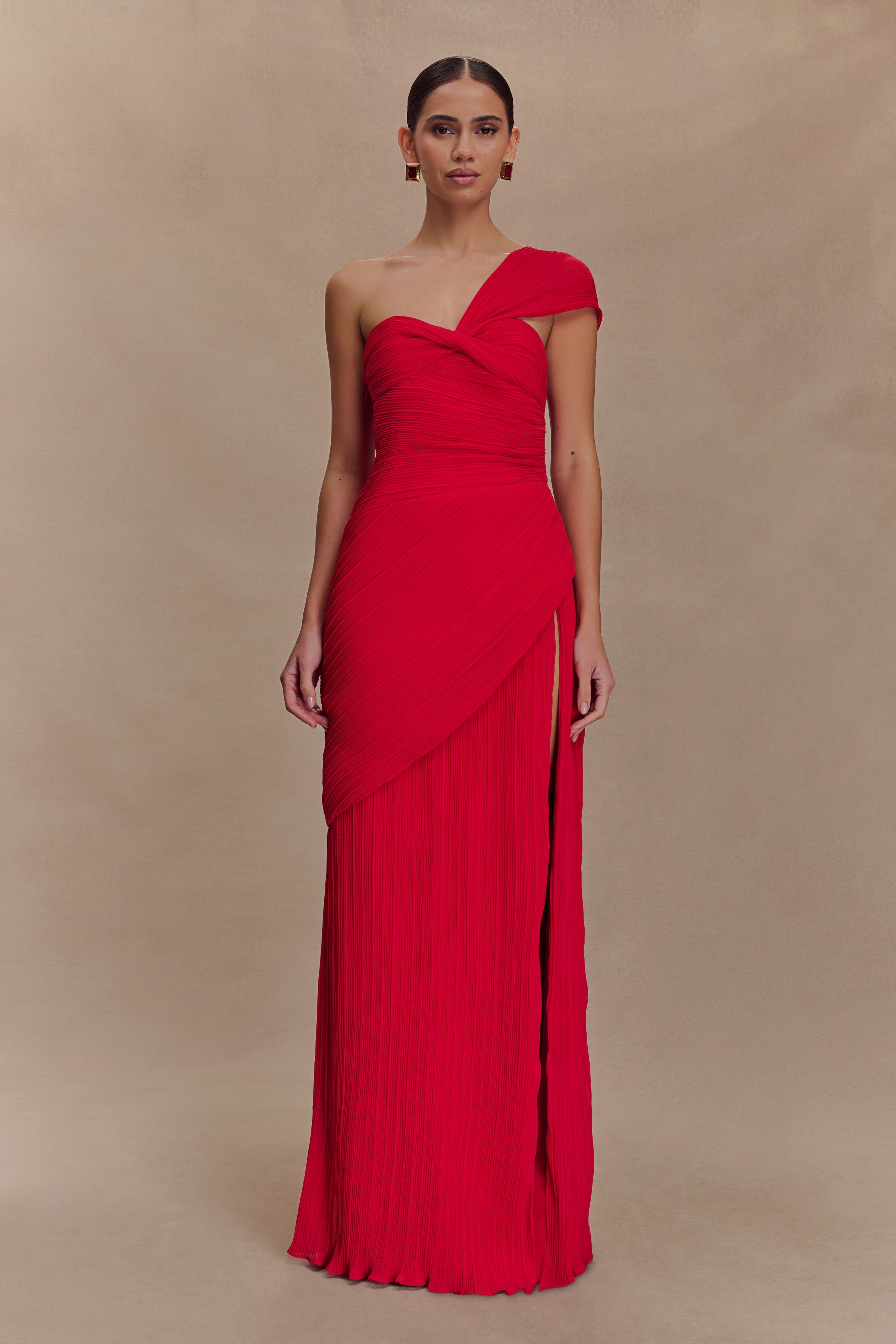 Tamara Shirred Chiffon Midi Dress - Red、mySite、solidvoid