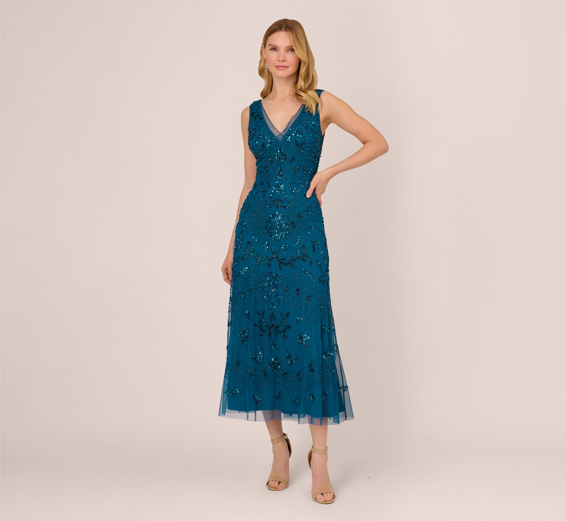 Hand-Beaded Ankle-Length Dress In Teal Sapphire、mySite、solidvoid