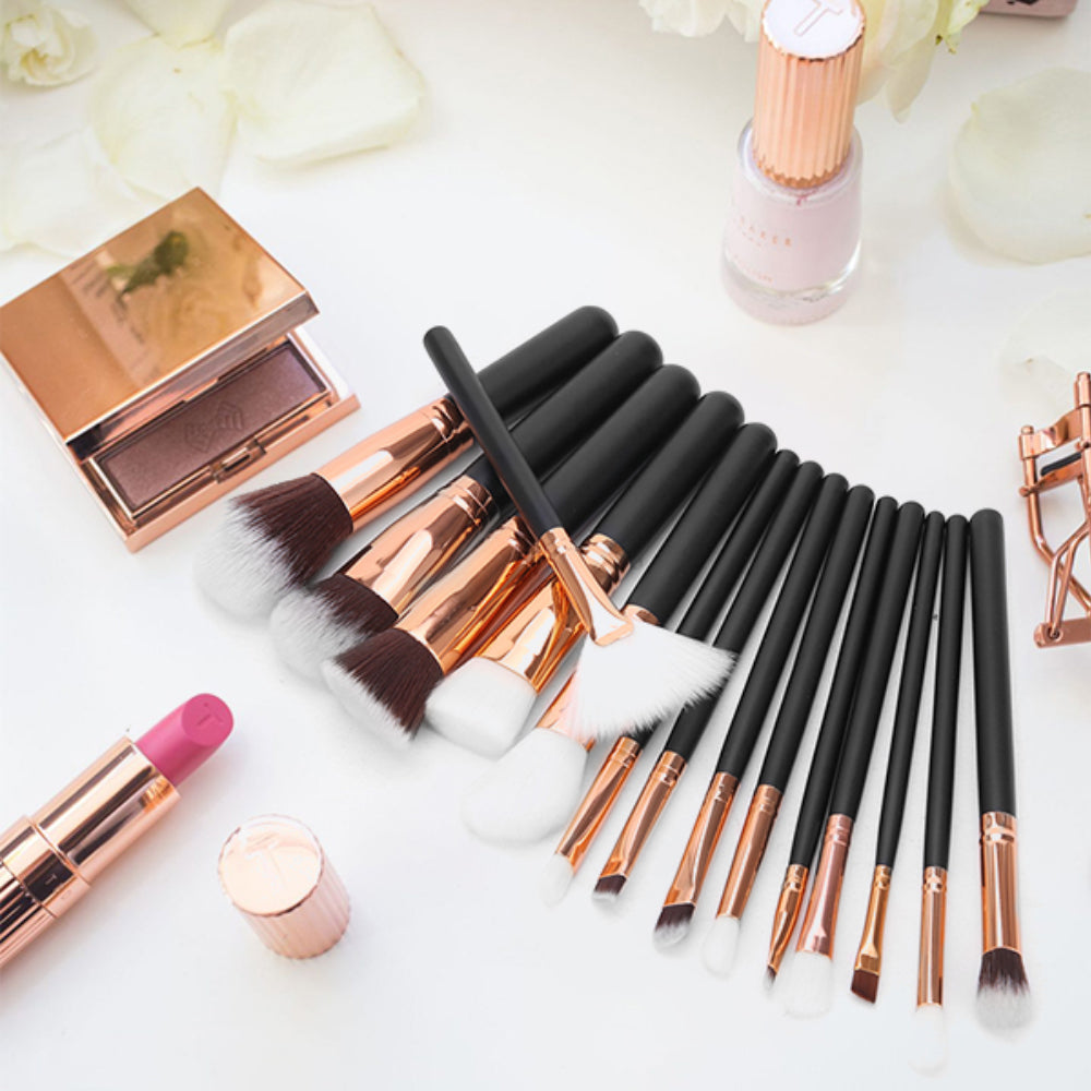  15Pcs Rose Gold Makeup Brush Set with Bag、mySite、merchandisen